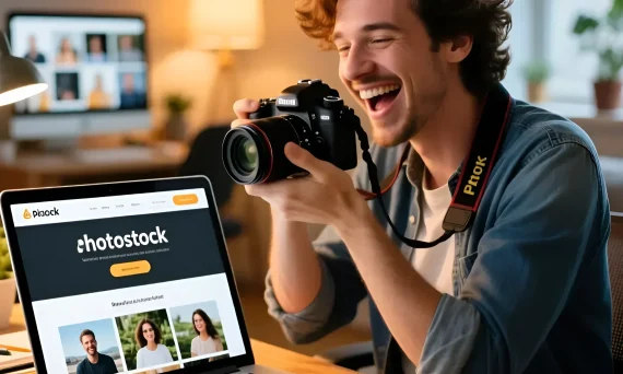 Изображение молодого, улыбающегося фотографа, просматривающего свои работы на ноутбуке с интерфейсом фотостока. Концепция заработка на фотографии.