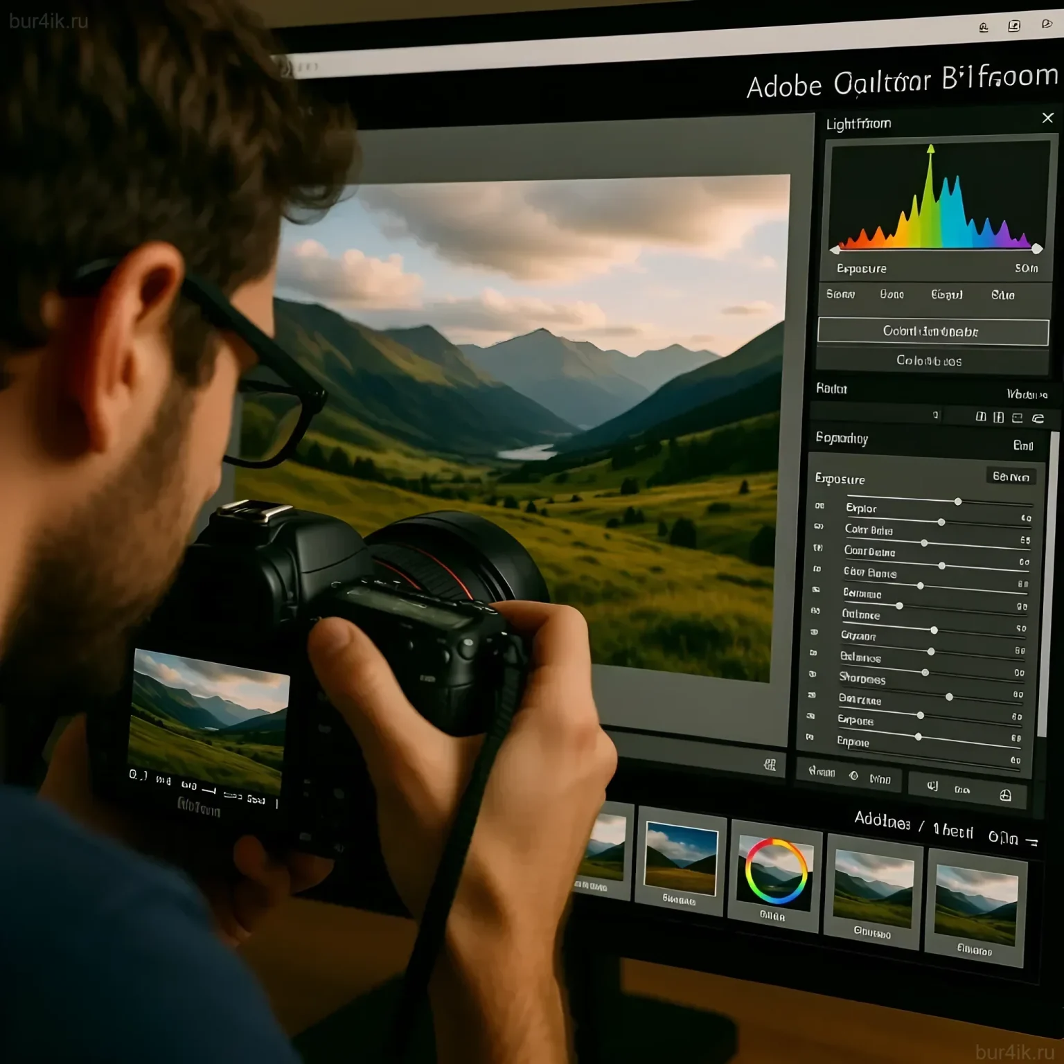Фотография демонстрирует процесс ретуши горного пейзажа в Adobe Lightroom. Идеально для иллюстрации статей о фотообработке и фотостоках.