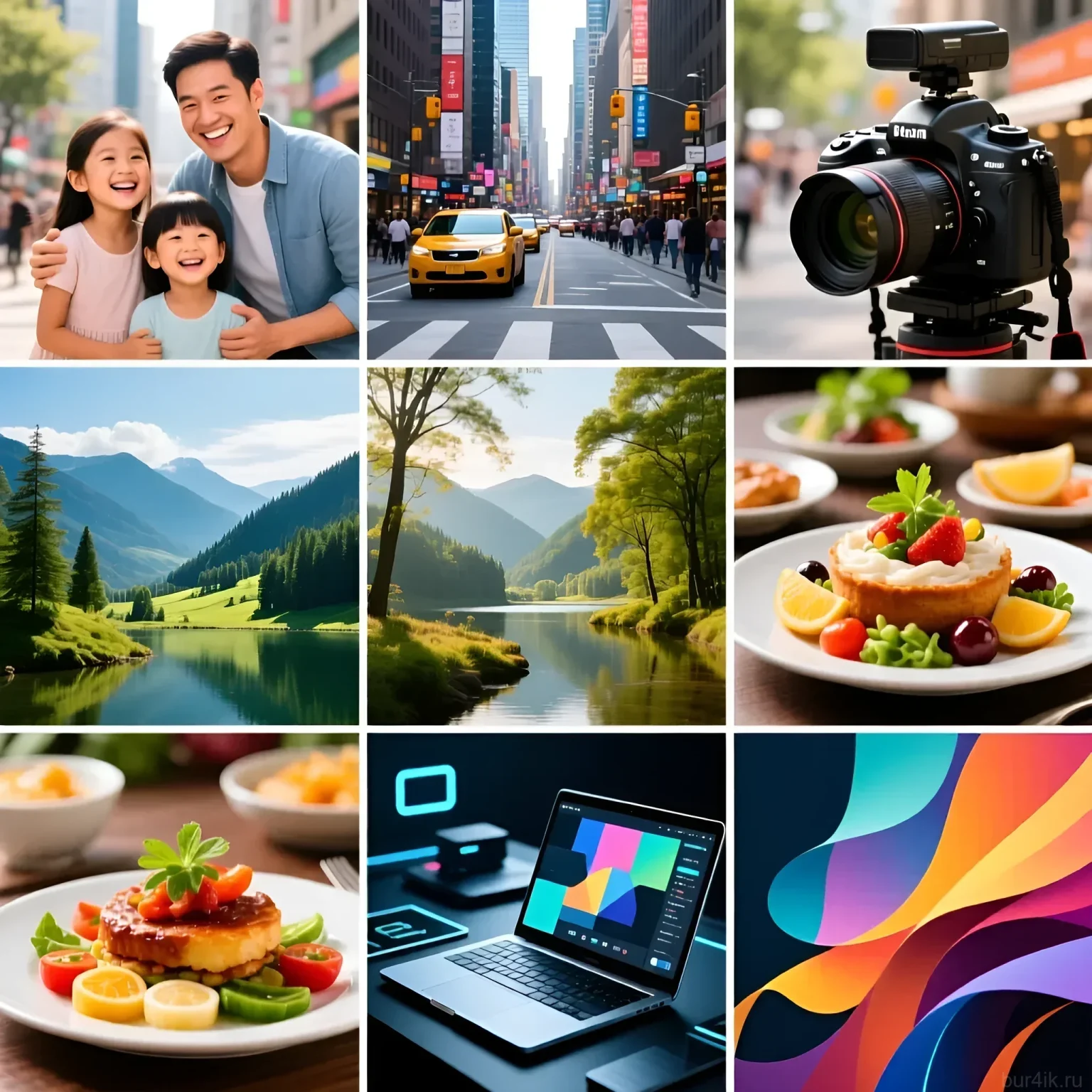 Коллаж из популярных фотостоковых тем: семья, город, оборудование, природа, еда, рабочее место и абстракция. Идеально для иллюстрации статьи о заработке на фотостоках.