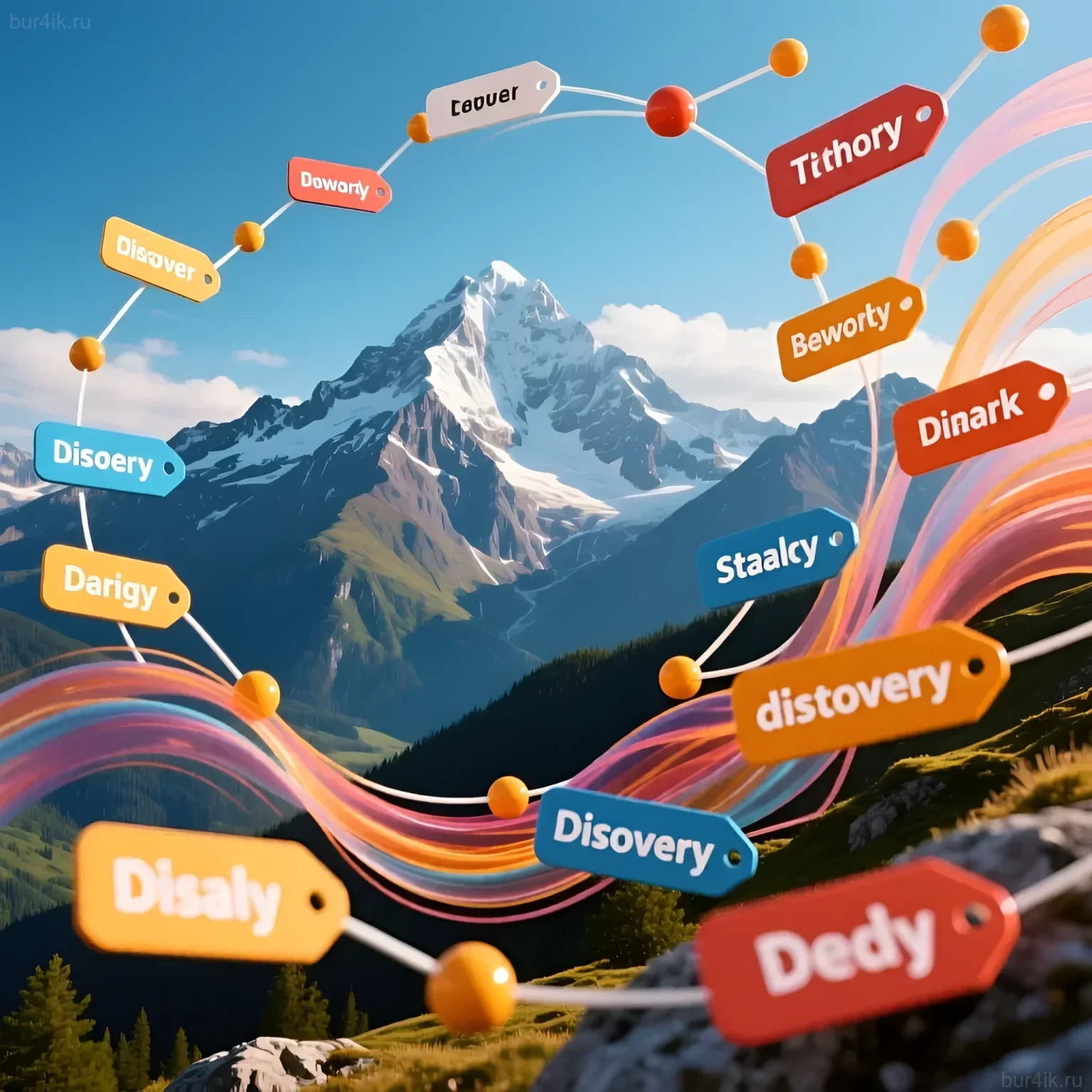 Яркая иллюстрация, представляющая взаимосвязь ключевых слов и тегов для успешной продажи фотографий на фотостоках. Горы и абстрактные линии.