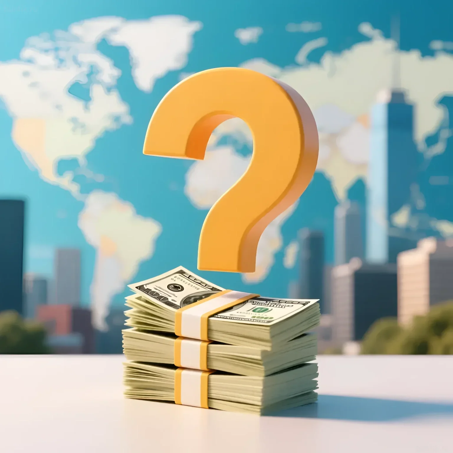 Иллюстрация: стопка долларов, на которой стоит знак вопроса. Концепция заработка на фотостоках и финансовых перспектив.