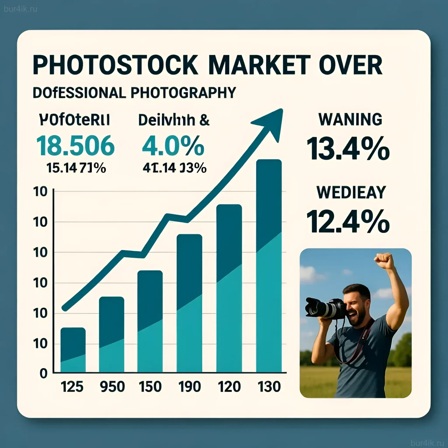 Инфографика, демонстрирующая рост рынка фотостоков, с акцентом на Y0foteRII и анализ перспектив заработка для фотографов.