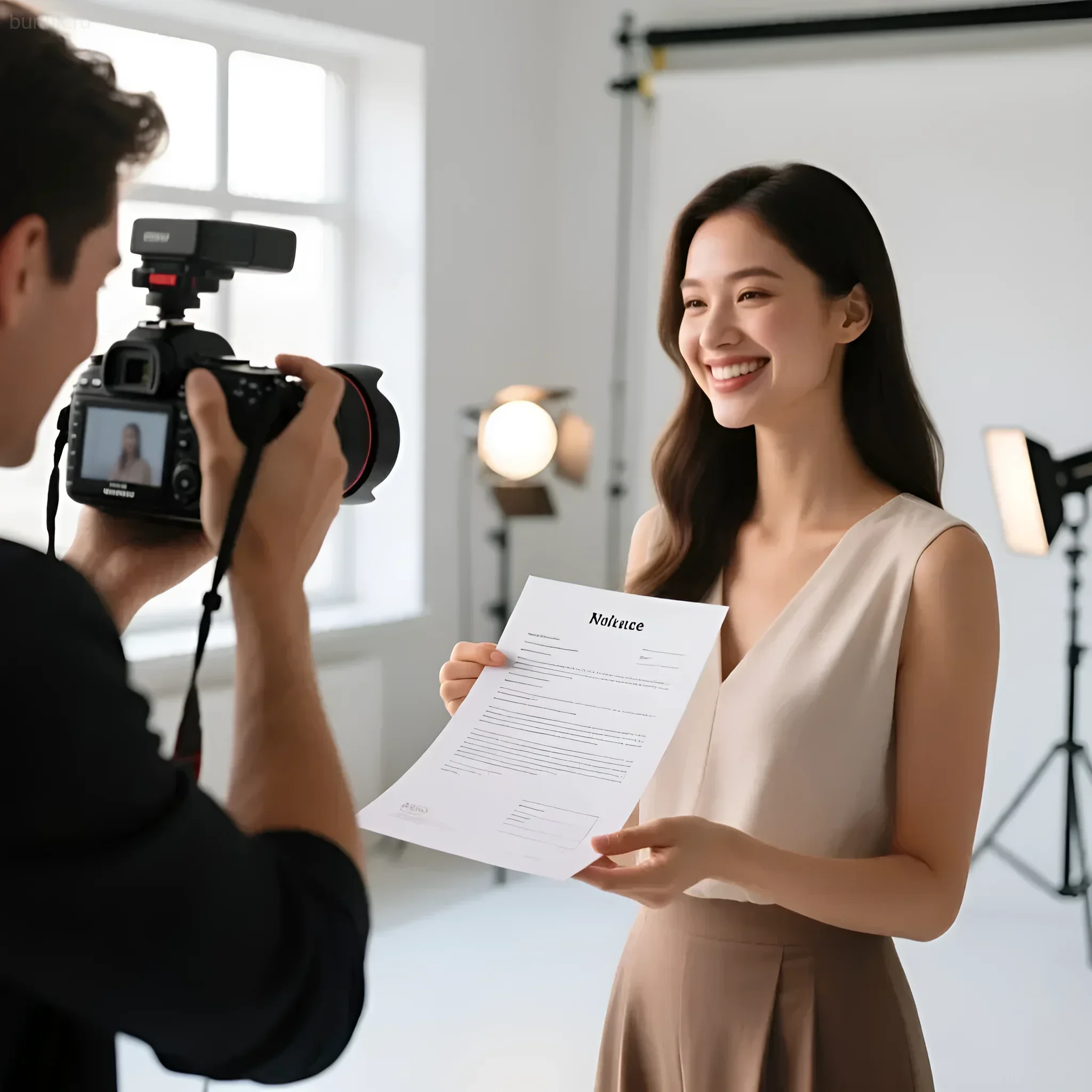 Фотография процесса подписания модельного релиза в студии. Иллюстрация для статьи о юридических аспектах заработка на фотостоках и авторских правах.
