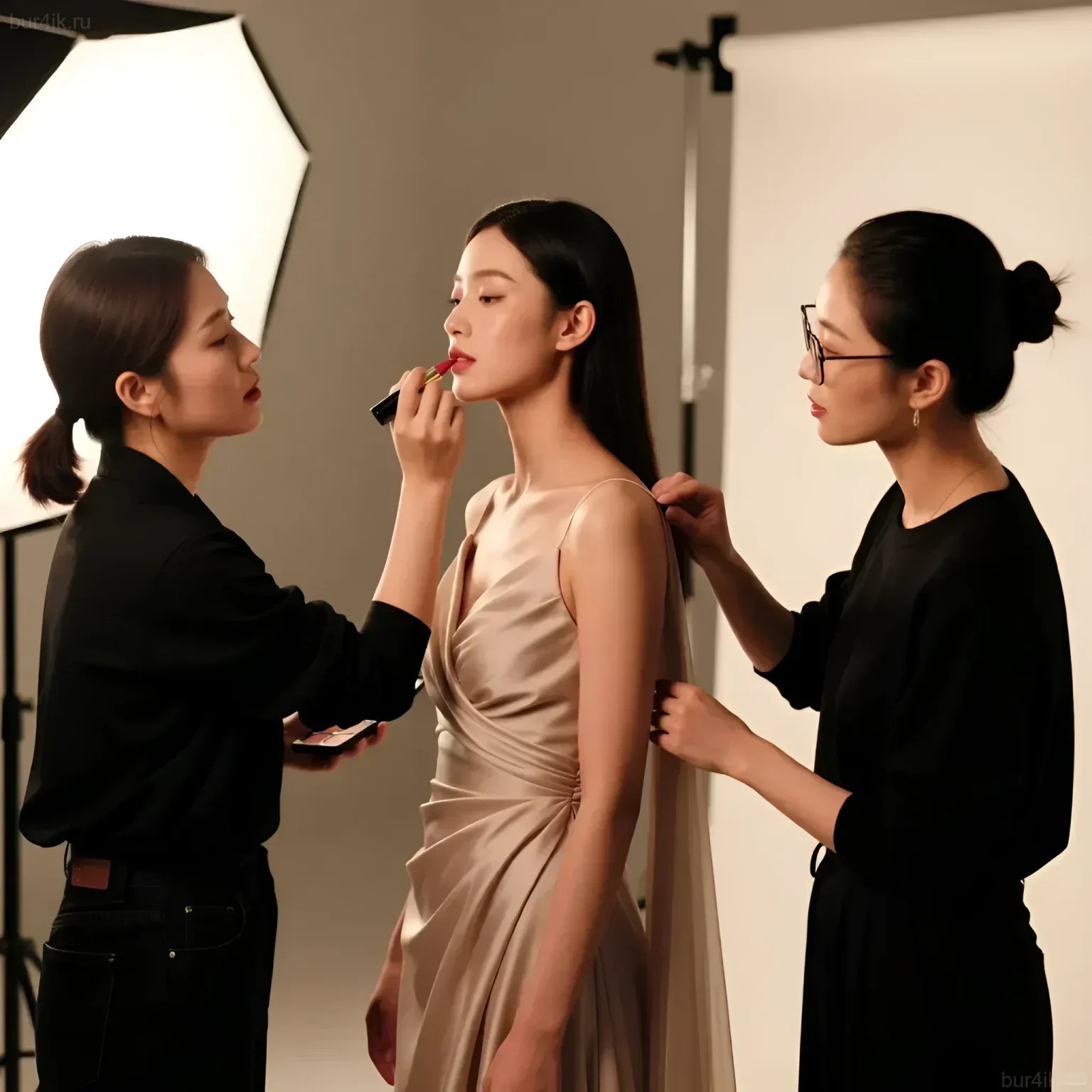 Фотография демонстрирует слаженную работу визажиста и стилиста над образом модели в студии. Подчеркивает важность командной работы для идеального результата.