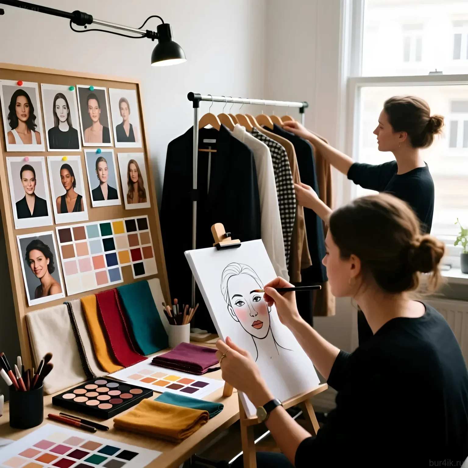 Фотография демонстрирует совместную работу визажиста и стилиста: эскиз макияжа, цветовые палитры и подбор одежды для фотосъемки.