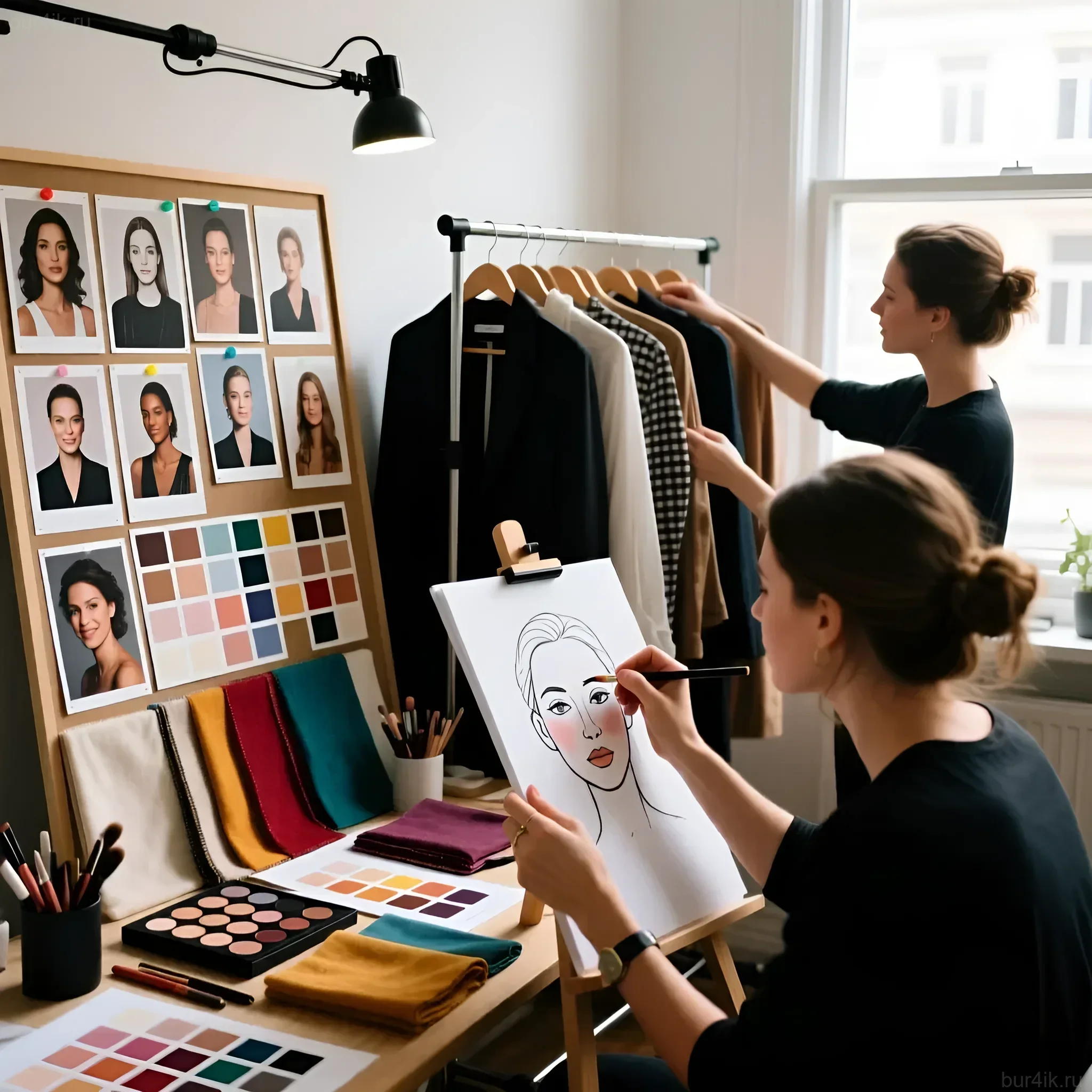 Фотография демонстрирует совместную работу визажиста и стилиста: эскиз макияжа, цветовые палитры и подбор одежды для фотосъемки.