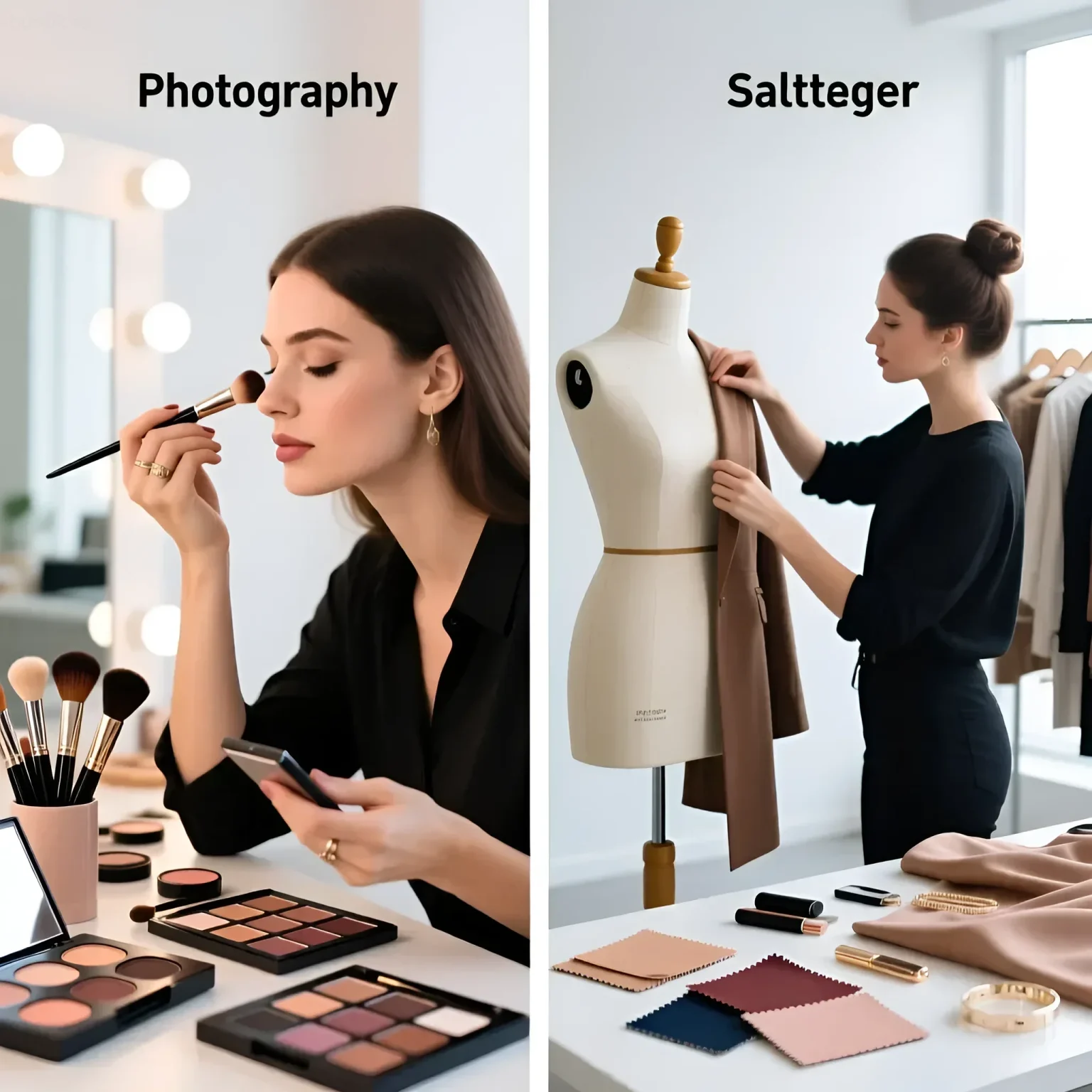 Фотография демонстрирует работу визажиста и стилиста: макияж модели и подбор одежды. Иллюстрация для статьи о командной работе.