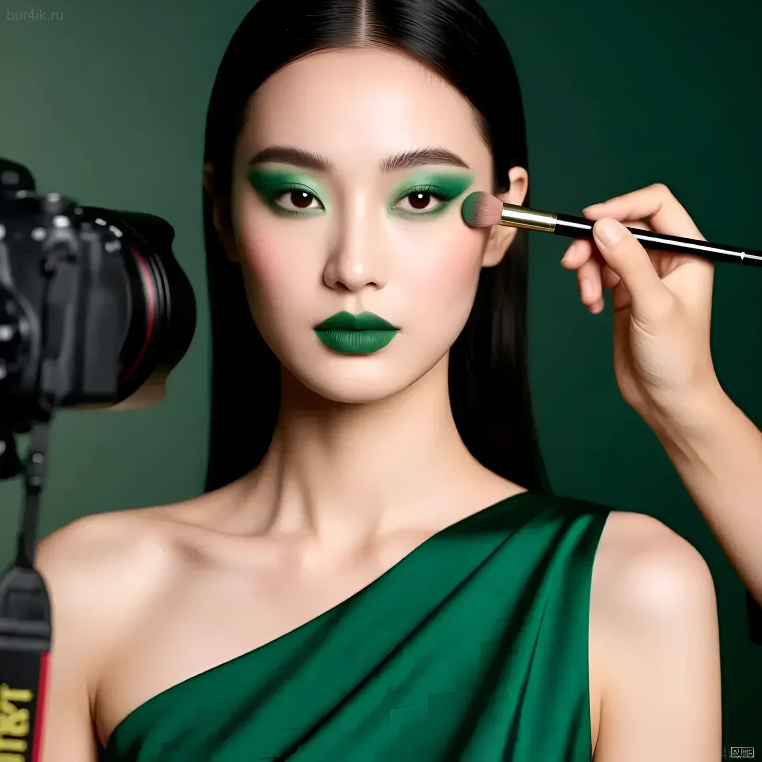 Фотография демонстрирует профессиональный макияж в изумрудных тонах, выполненный визажистом на модели. Идеально подходит для иллюстрации работы стилиста и визажиста.