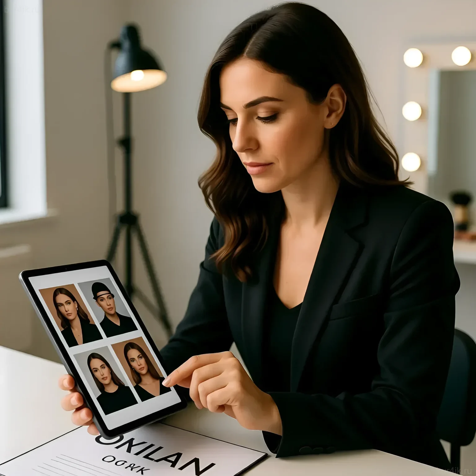 Изображение визажиста, рассматривающего варианты макияжа на планшете, демонстрирует важность тщательного подбора стиля для успешной фотосессии.