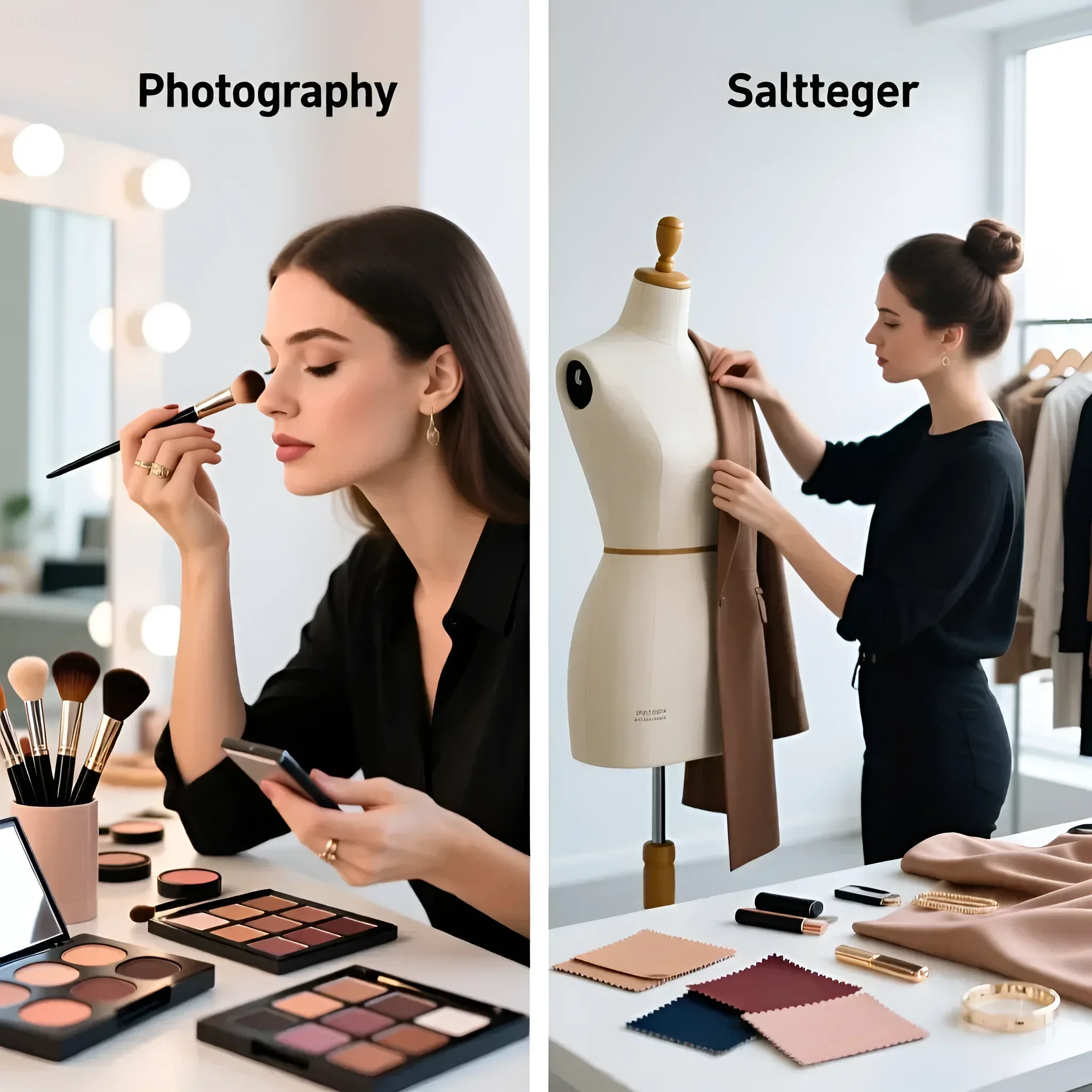 Фотография демонстрирует работу визажиста и стилиста: макияж модели и подбор одежды. Иллюстрация для статьи о командной работе.