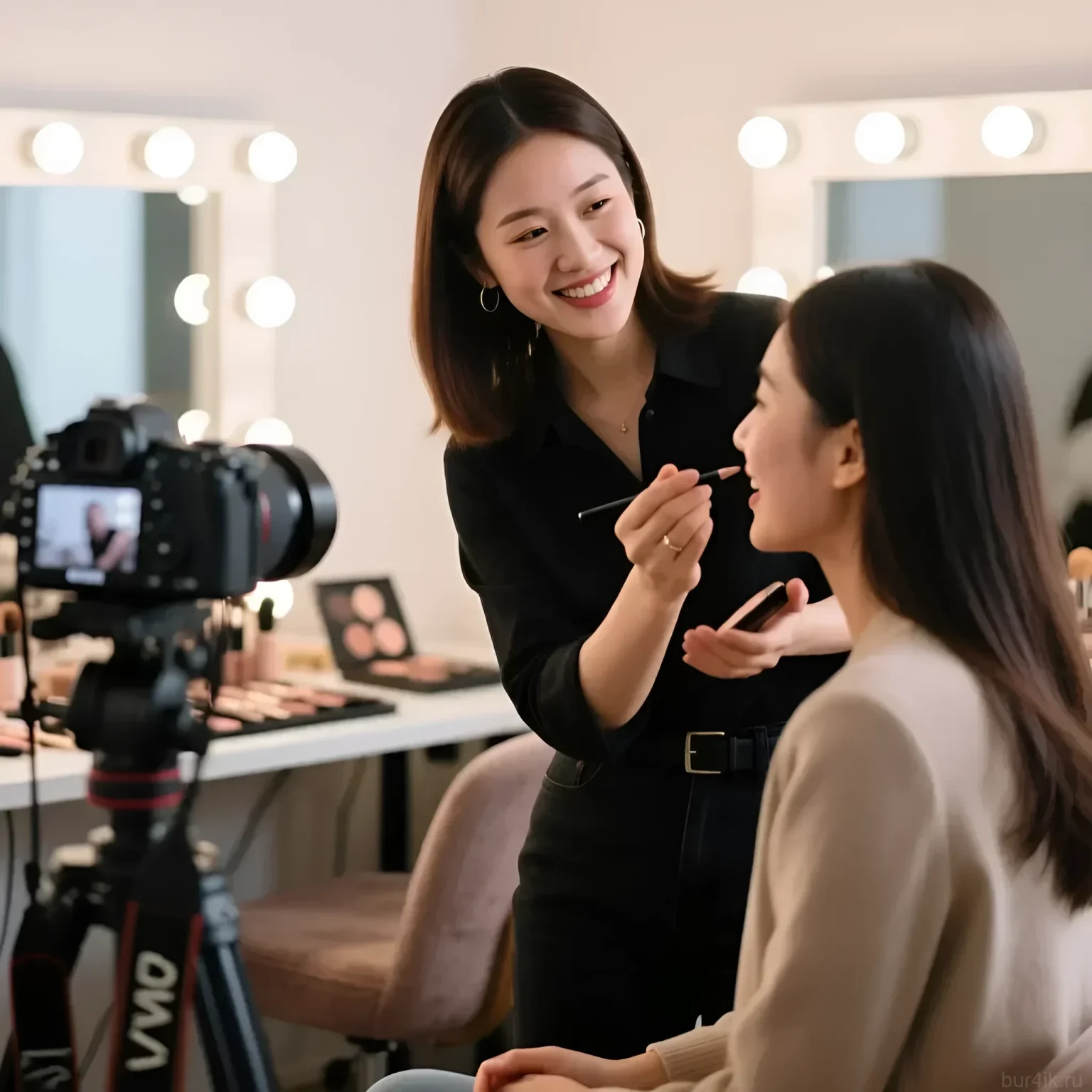 Фотография визажиста, проводящего мастер-класс по макияжу. Демонстрация техники нанесения макияжа, профессиональное освещение и оборудование.