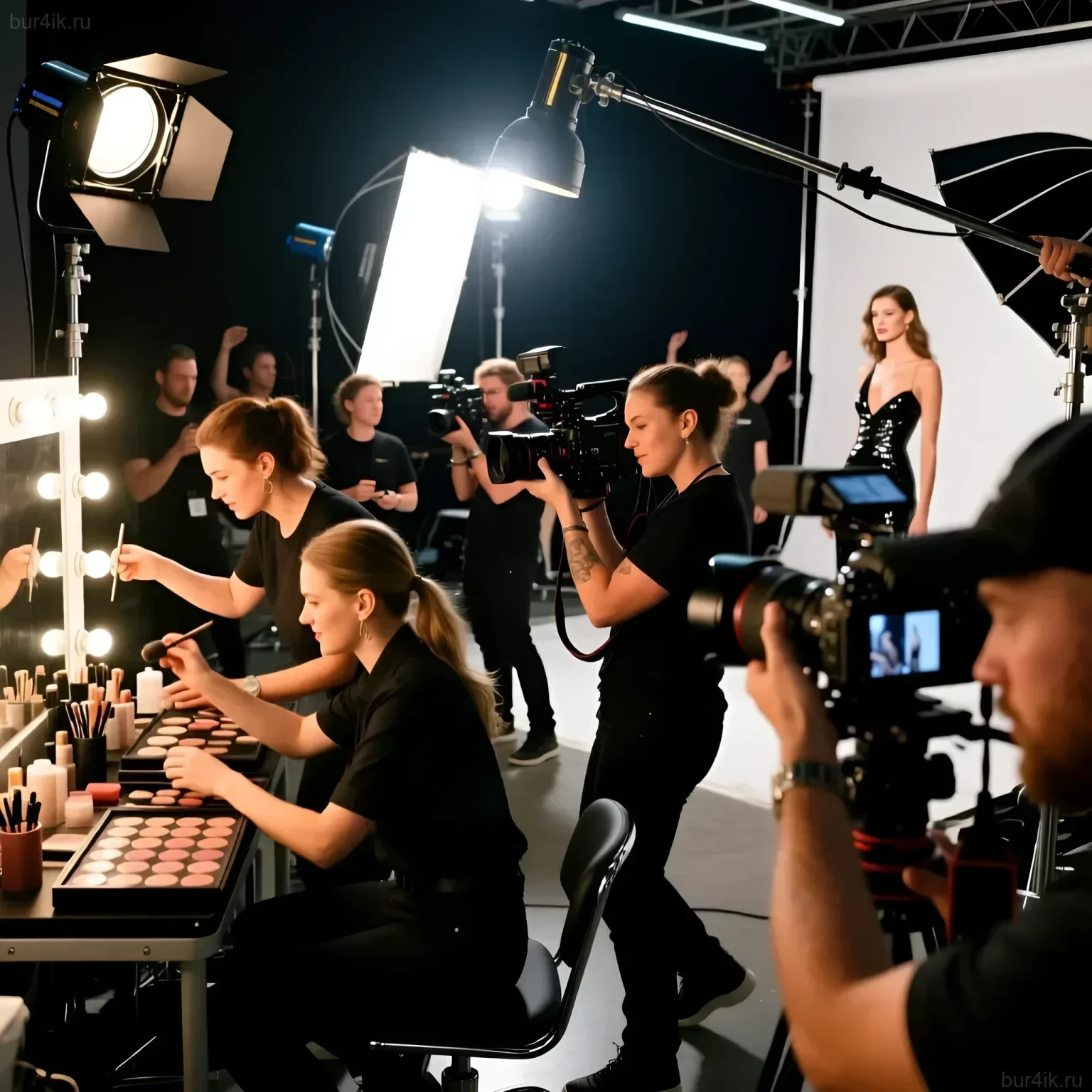 Фотография с бэкстейджа модной фотосессии: визажист создает образ модели, пока операторы готовятся к съемке. Демонстрация командной работы.