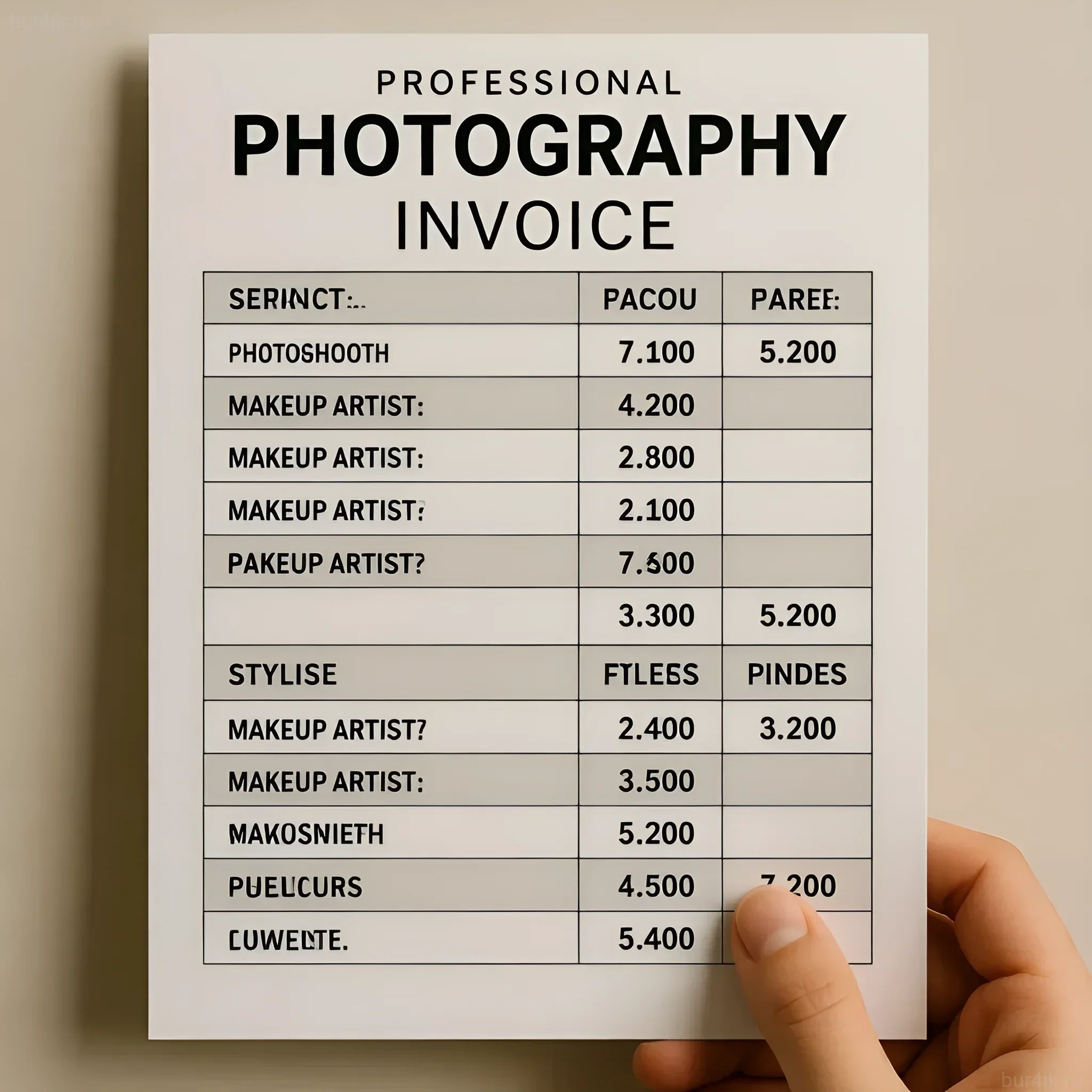 Иллюстрация счета за фотосессию, демонстрирующая стоимость услуг визажиста, стилиста и фотографа для планирования бюджета.