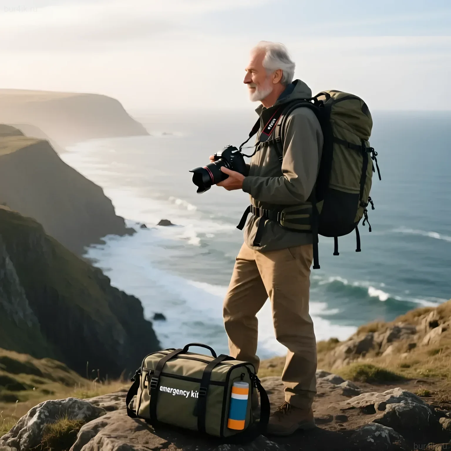 Фотография зрелого фотографа с камерой на фоне морского пейзажа, демонстрирующая важность 'тревожного чемоданчика' для съемки в дикой природе.