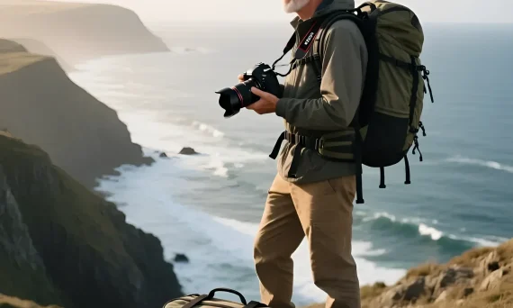 Фотография зрелого фотографа с камерой на фоне морского пейзажа, демонстрирующая важность 'тревожного чемоданчика' для съемки в дикой природе.