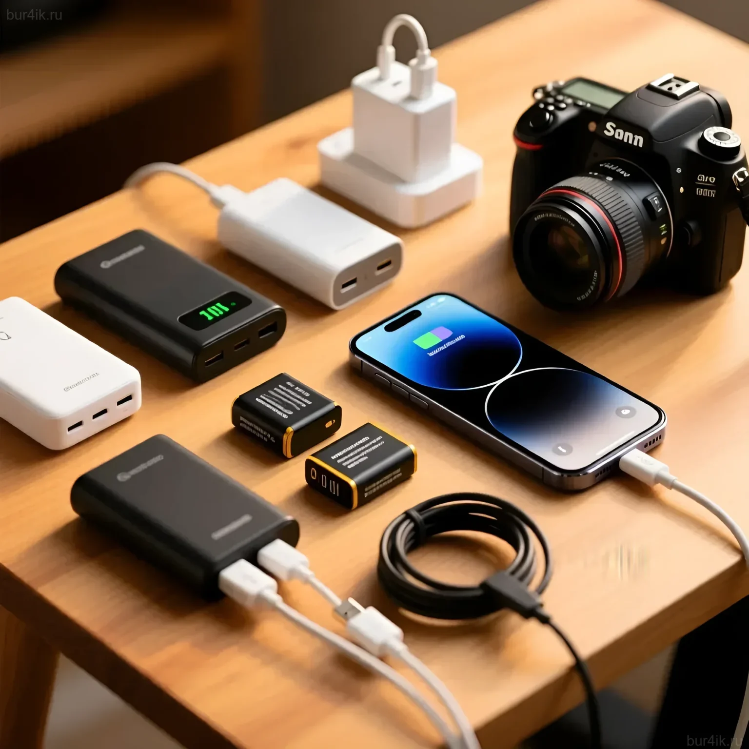 Фотография 'тревожного чемоданчика' фотографа: пауэрбанки, зарядные устройства, аккумуляторы и камера, демонстрирующие готовность к длительным съемкам.