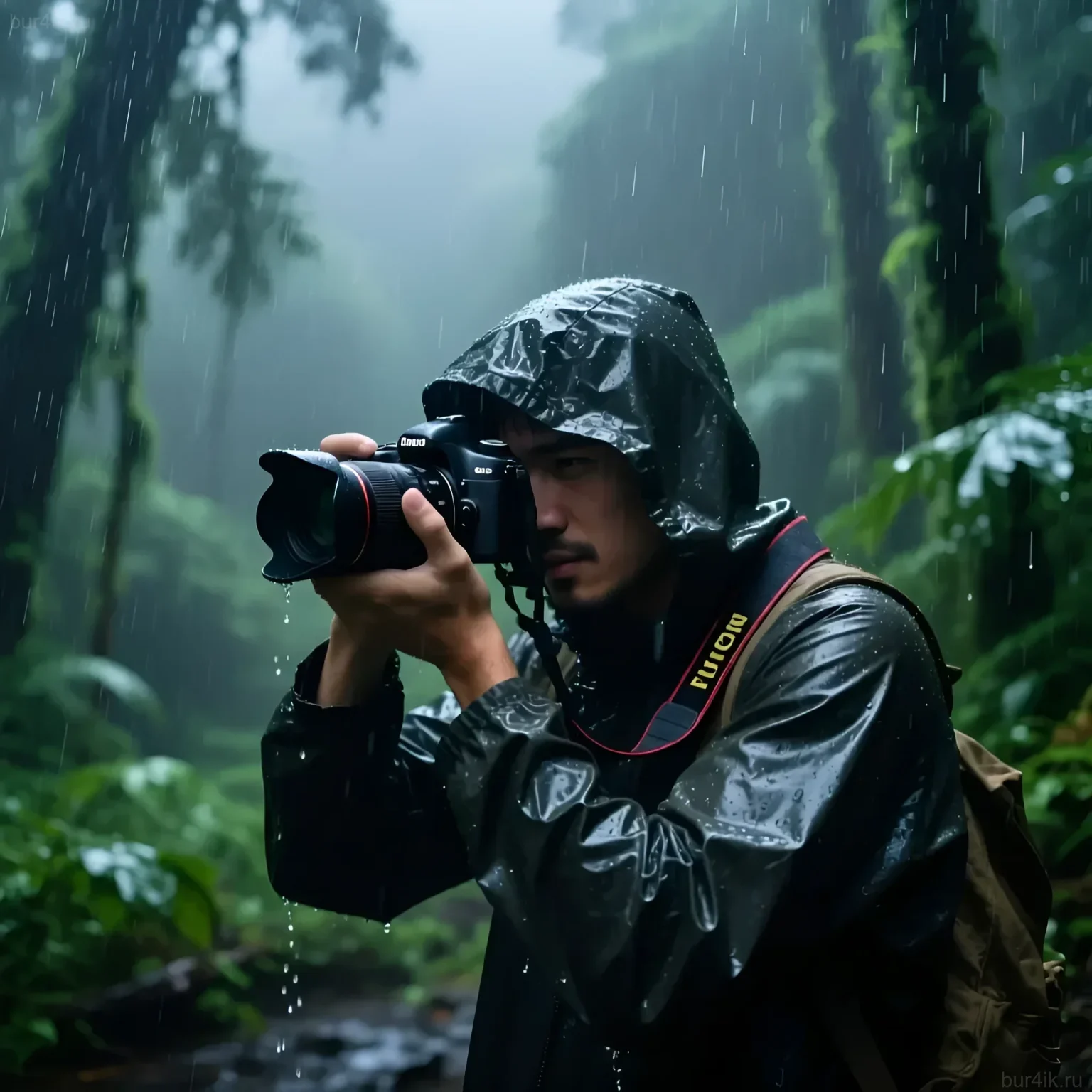 Фотография фотографа, снимающего в проливной дождь, демонстрирует важность защиты оборудования. Иллюстрация для статьи о 'тревожном чемоданчике'.