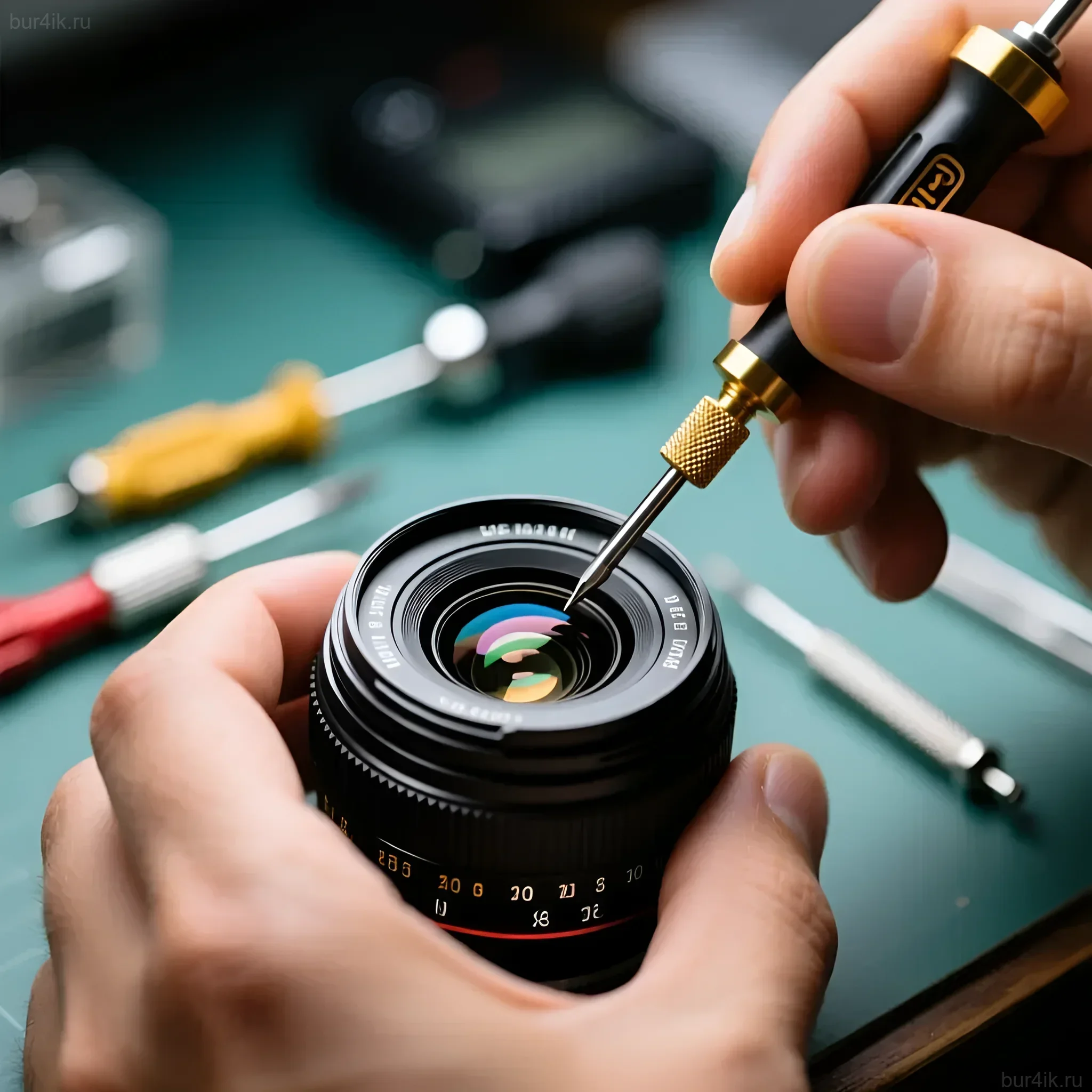 Крупный план ремонта объектива камеры с помощью миниатюрной отвертки. Иллюстрация к статье о 'тревожном чемоданчике' фотографа.