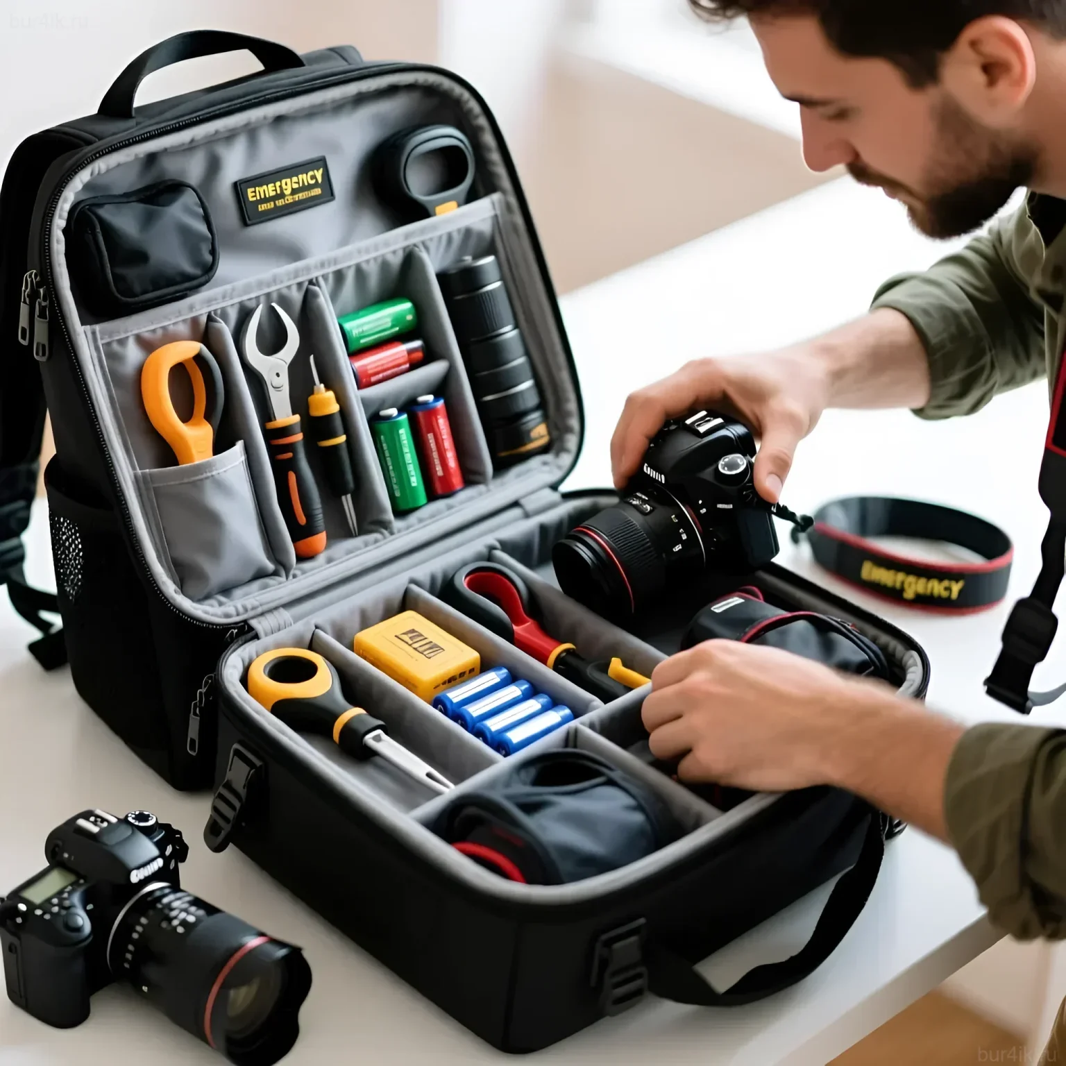 Организованный 'тревожный чемоданчик' фотографа с инструментами, аккумуляторами и запасной камерой. Идеальное решение для съемки в любых условиях.