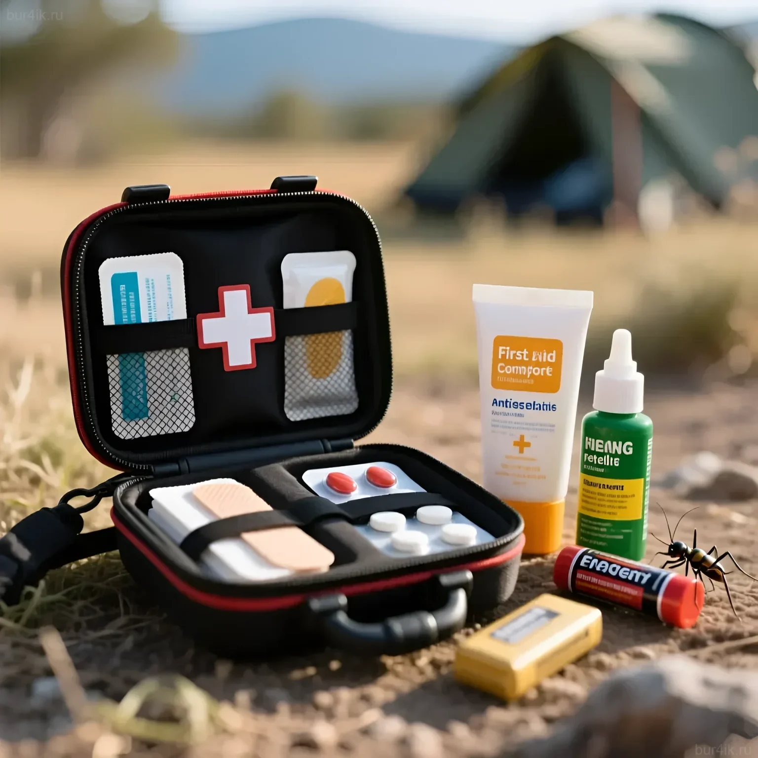 Фотография раскрытого аптечного чемоданчика для фотографа на природе. Внутри медикаменты, бинты, лейкопластырь и другие необходимые вещи для оказания первой помощи.