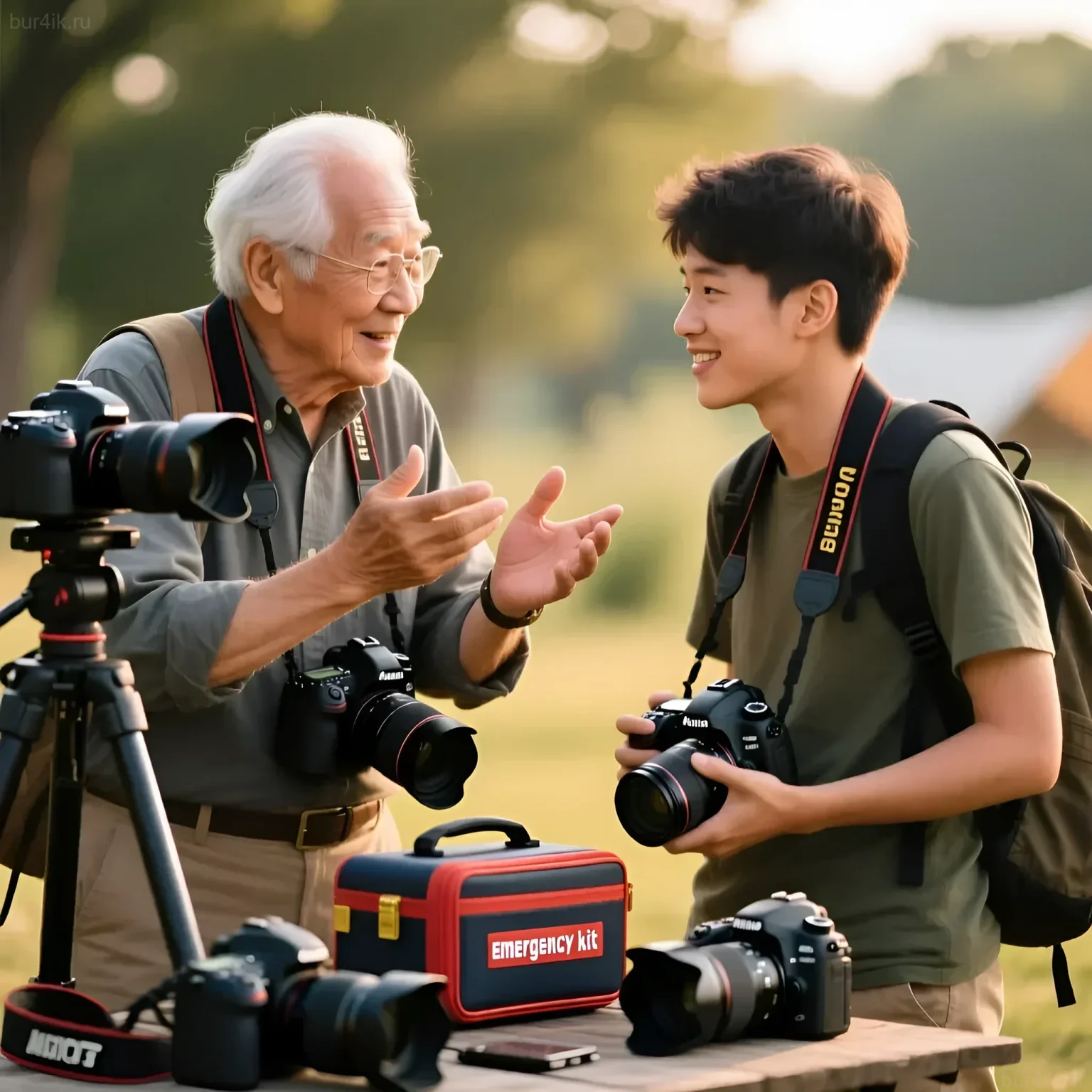 Фотография демонстрирует опытного фотографа, делящегося знаниями с молодым учеником, рядом с 'тревожным чемоданчиком' и фототехникой.