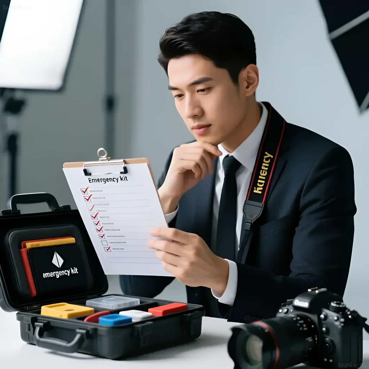 Изображение профессионального фотографа, проверяющего содержимое 'тревожного чемоданчика' с необходимыми инструментами и аксессуарами для съемки в любых условиях.