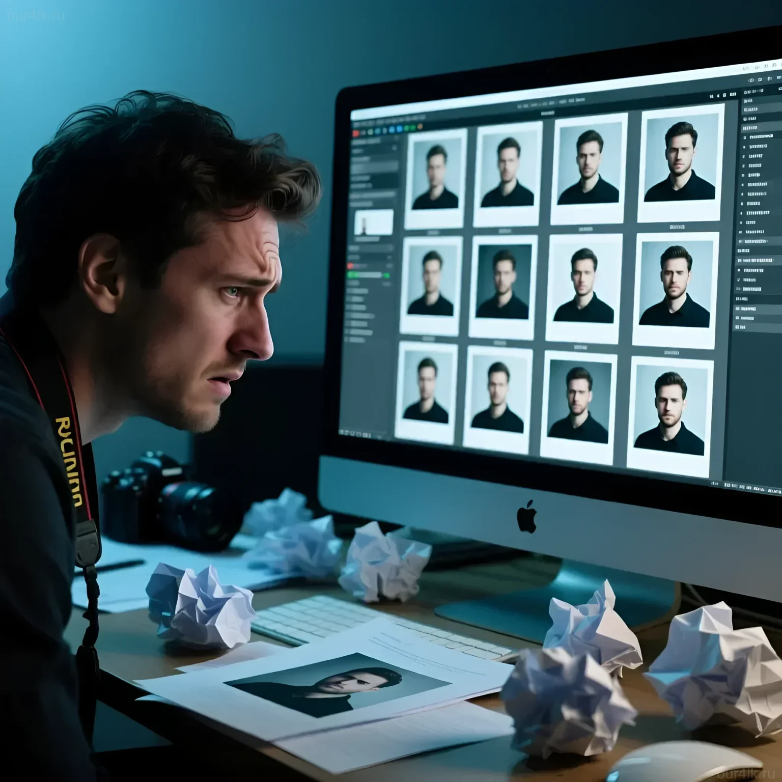 Фотография ретушера, сосредоточенно выбирающего лучший вариант портрета из множества обработанных снимков. Иллюстрация к статье о ТЗ.