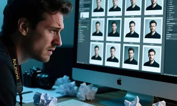 Фотография ретушера, сосредоточенно выбирающего лучший вариант портрета из множества обработанных снимков. Иллюстрация к статье о ТЗ.