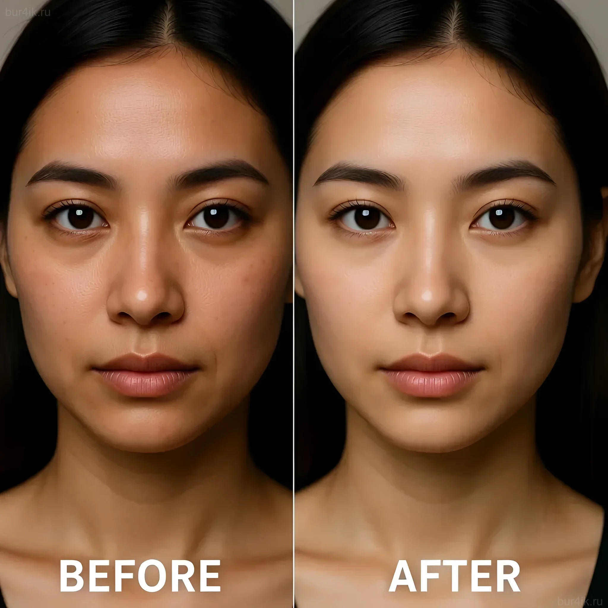Сравнение портрета до и после ретуши: выравнивание тона кожи, удаление мелких дефектов, сохранение текстуры.