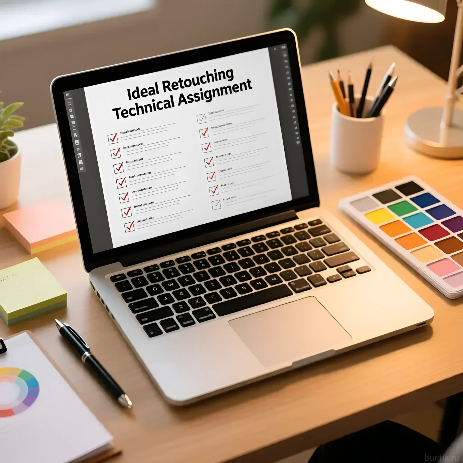 Изображение ноутбука с открытым документом 'Ideal Retouching Technical Assignment', демонстрирующее важные пункты для составления ТЗ ретушеру.