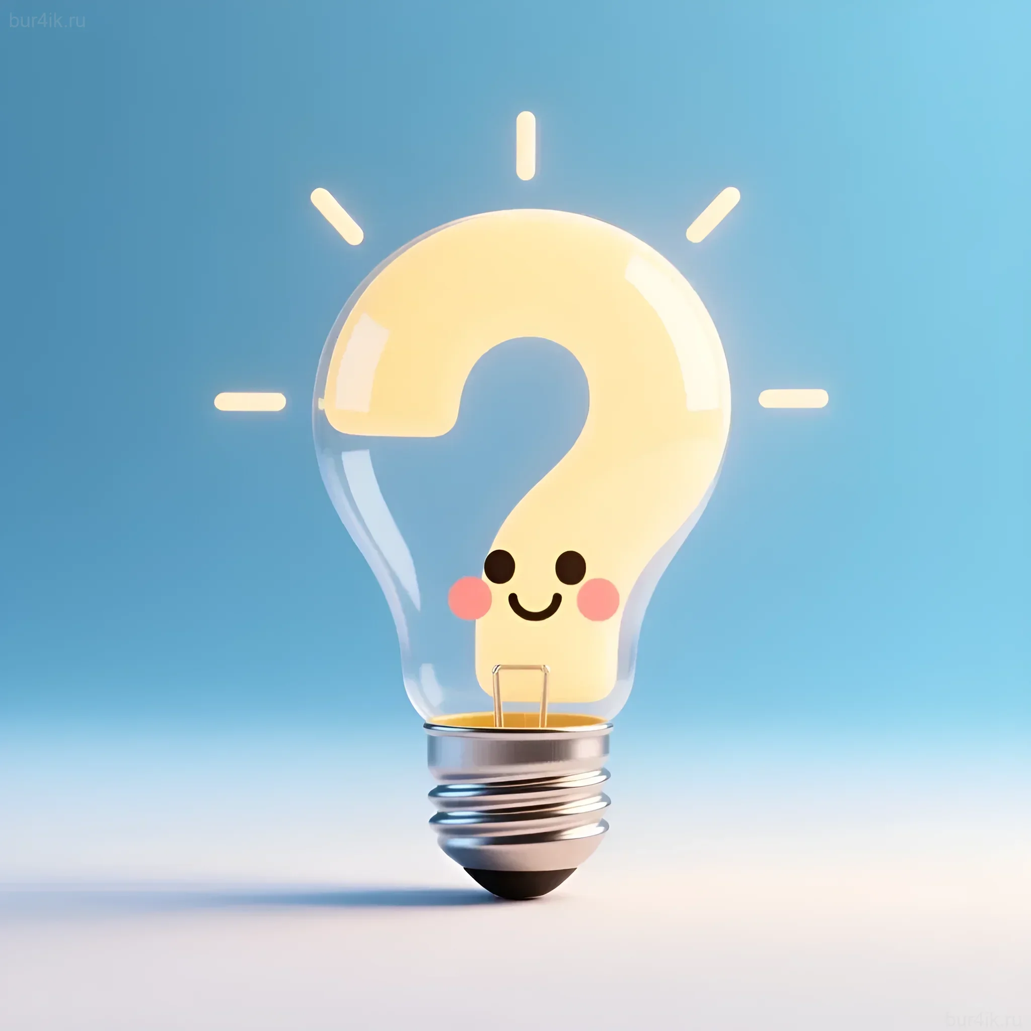 3D-рендеринг лампочки в форме вопросительного знака с милым лицом. Иллюстрация для статьи о составлении ТЗ для ретушера.