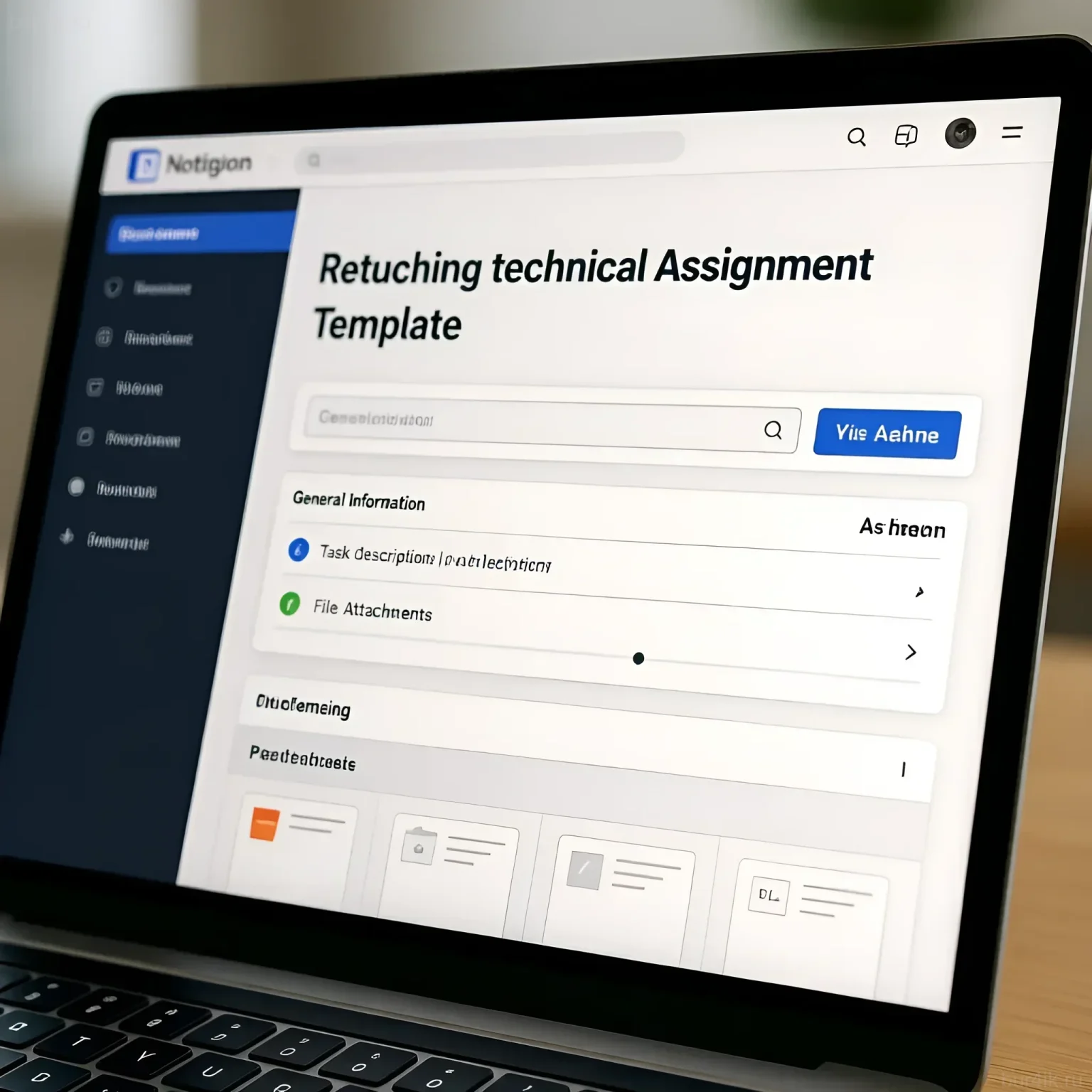 Скриншот экрана ноутбука с открытым шаблоном технического задания для ретушера в Notion. Идеально для статей о ретуши и workflow.