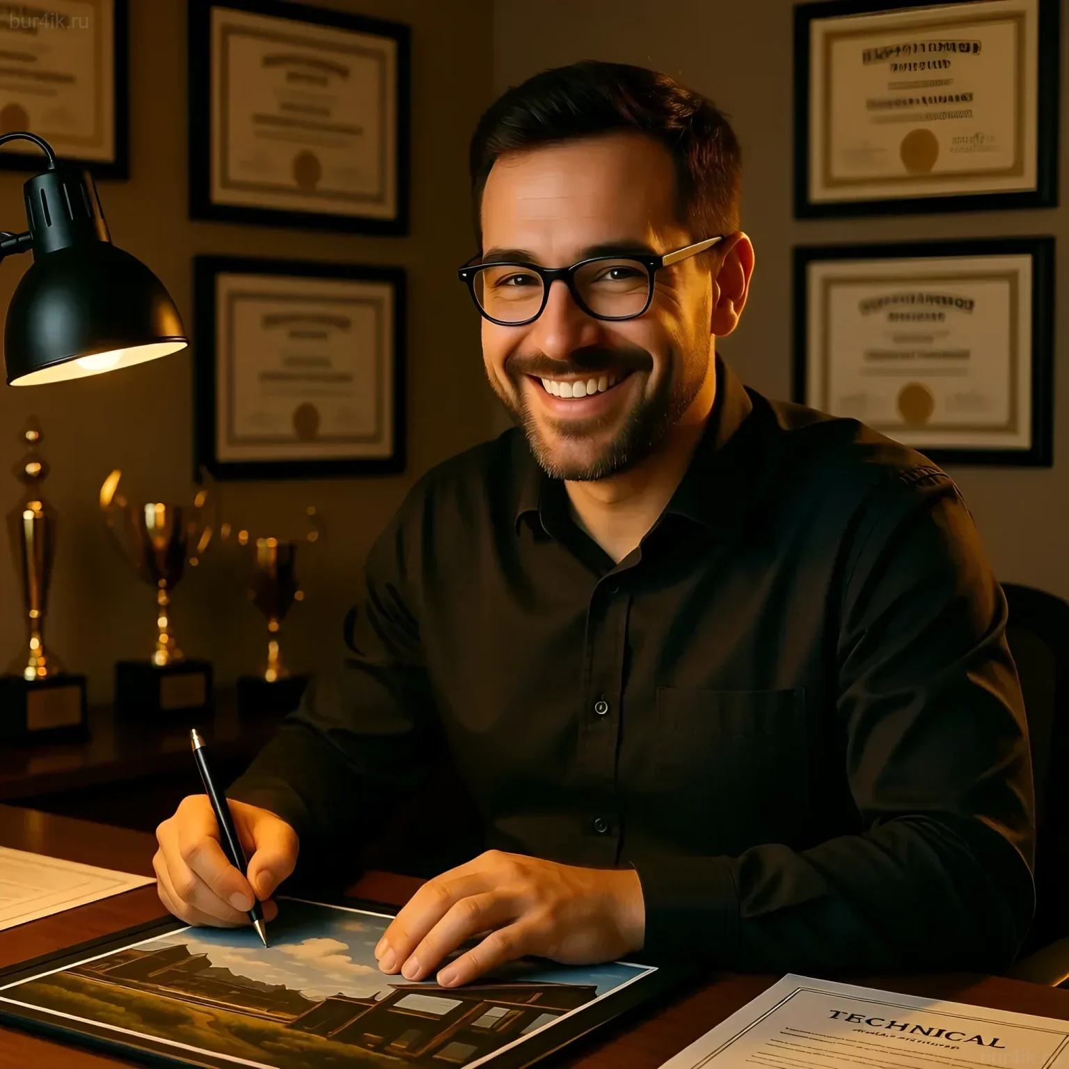 Изображение уверенного в себе ретушера за рабочим столом с чертежами и дипломами. Иллюстрация к статье о составлении ТЗ.
