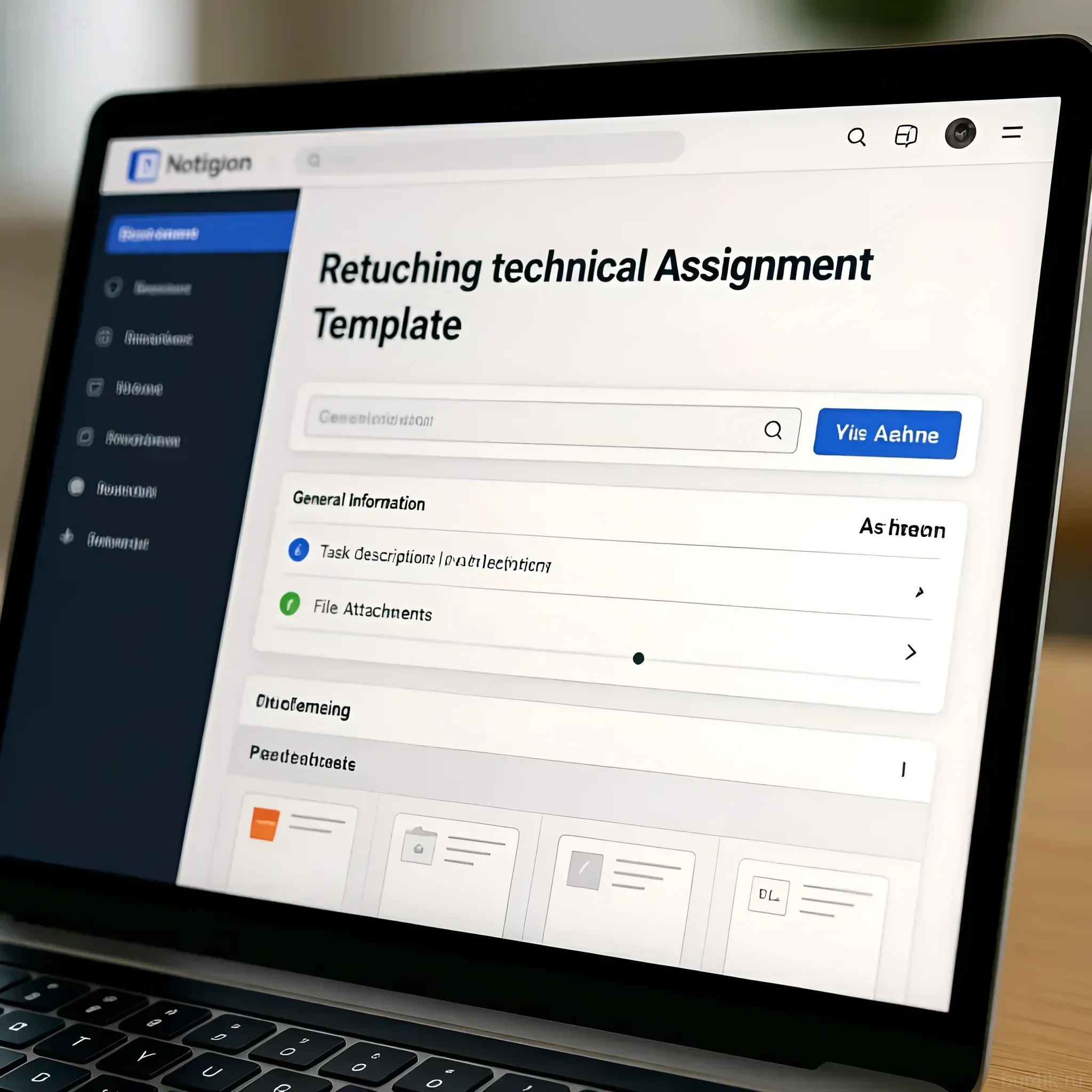 Скриншот экрана ноутбука с открытым шаблоном технического задания для ретушера в Notion. Идеально для статей о ретуши и workflow.