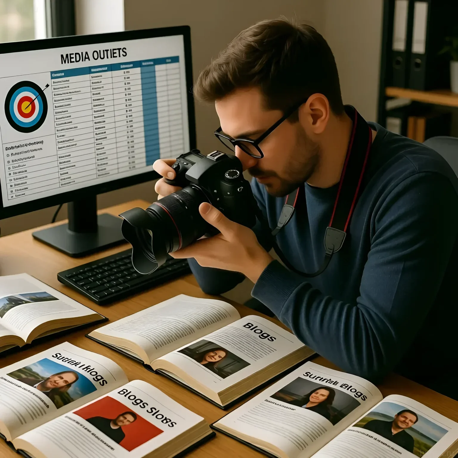 Изображение фотографа, изучающего список медиа-изданий на мониторе компьютера, символизирует стратегический подход к продвижению в СМИ.