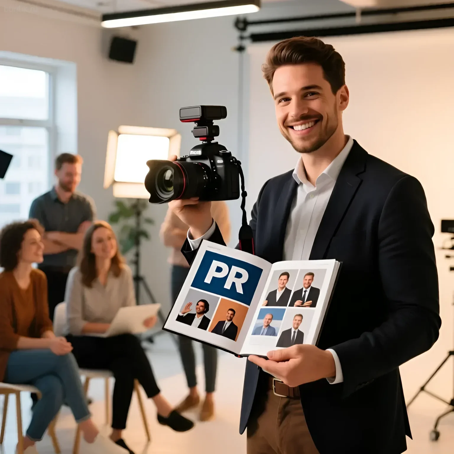 Изображение улыбающегося фотографа, представляющего свое портфолио на встрече с клиентами. Подчеркивает важность PR для продвижения в индустрии.