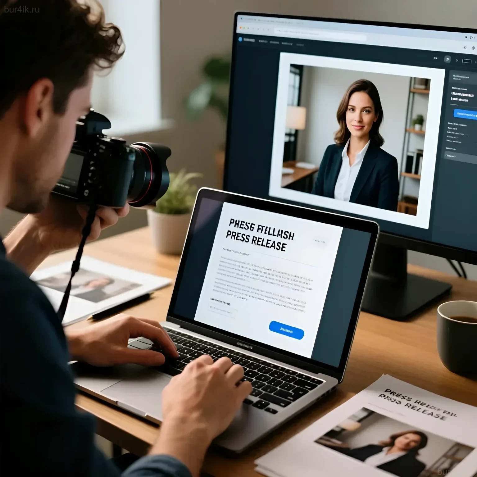 Изображение демонстрирует процесс подготовки пресс-релиза для фотографа: работа с фотографией, написание текста и финальная проверка на ноутбуке.