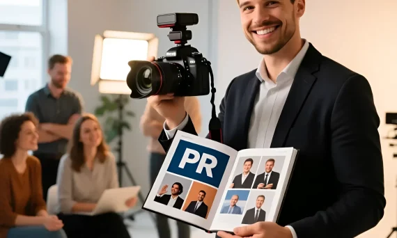 Изображение улыбающегося фотографа, представляющего свое портфолио на встрече с клиентами. Подчеркивает важность PR для продвижения в индустрии.