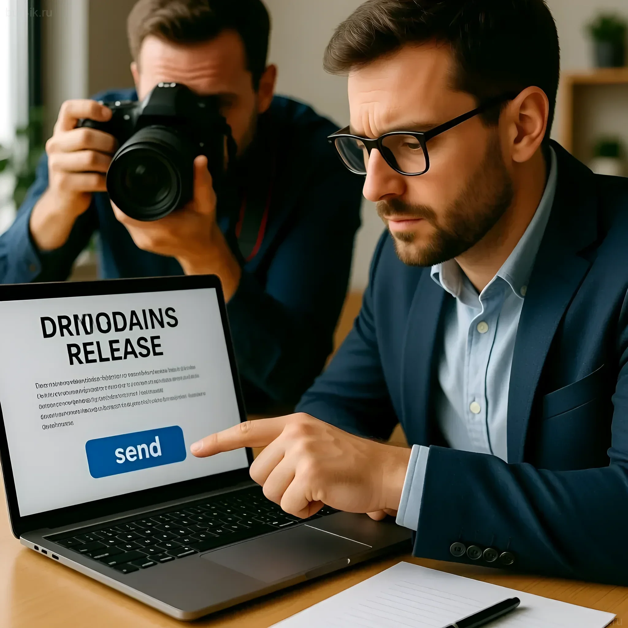 Изображение демонстрирует фотографа, отправляющего пресс-релиз с ноутбука. Визуализация процесса PR для привлечения внимания к работам.