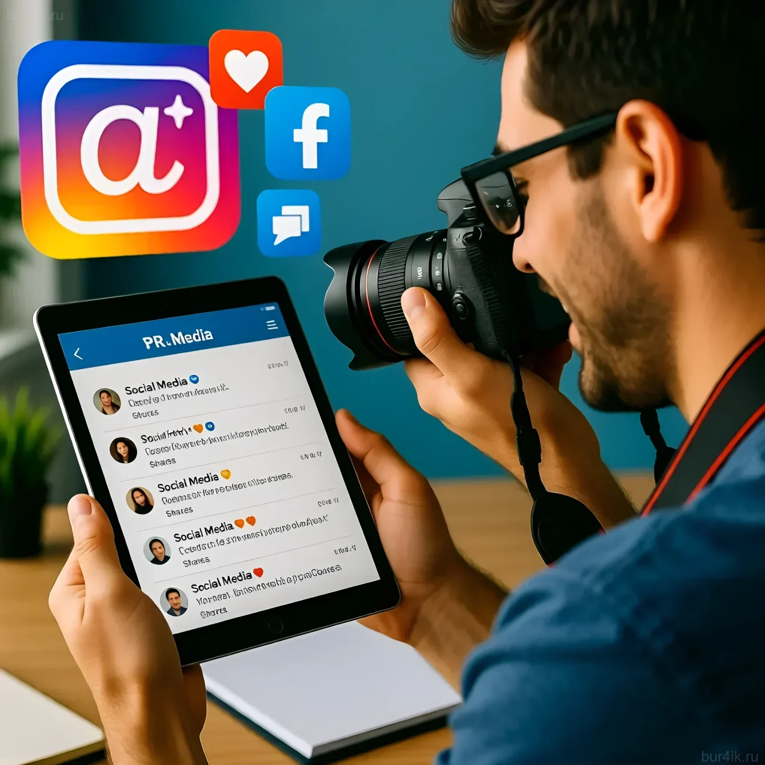 Изображение демонстрирует фотографа, просматривающего уведомления о взаимодействии с его работами в социальных сетях, символизируя успех PR-стратегии.