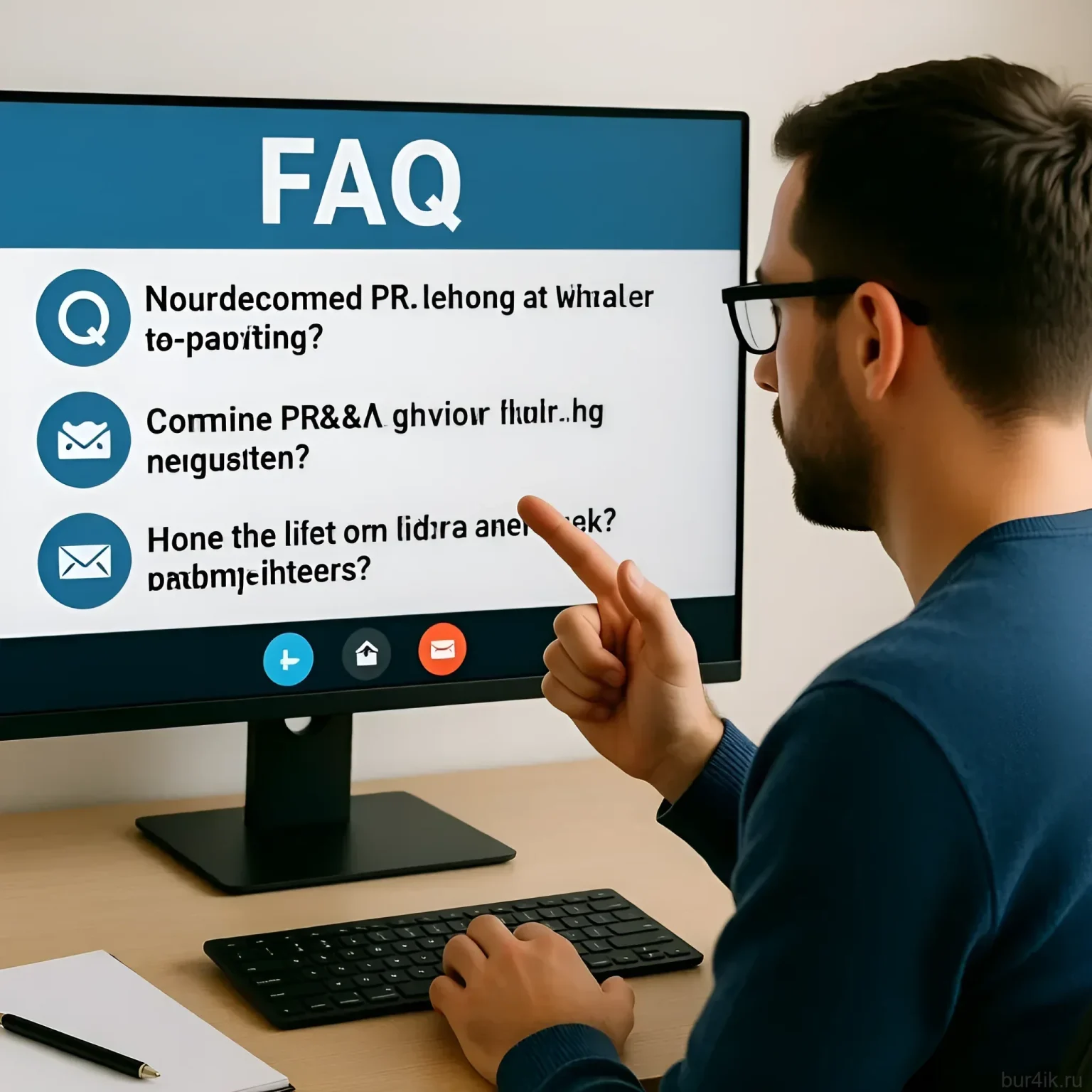 Иллюстрация к статье о PR для фотографов: мужчина взаимодействует с интерфейсом FAQ на экране компьютера, демонстрируя поиск ответов.
