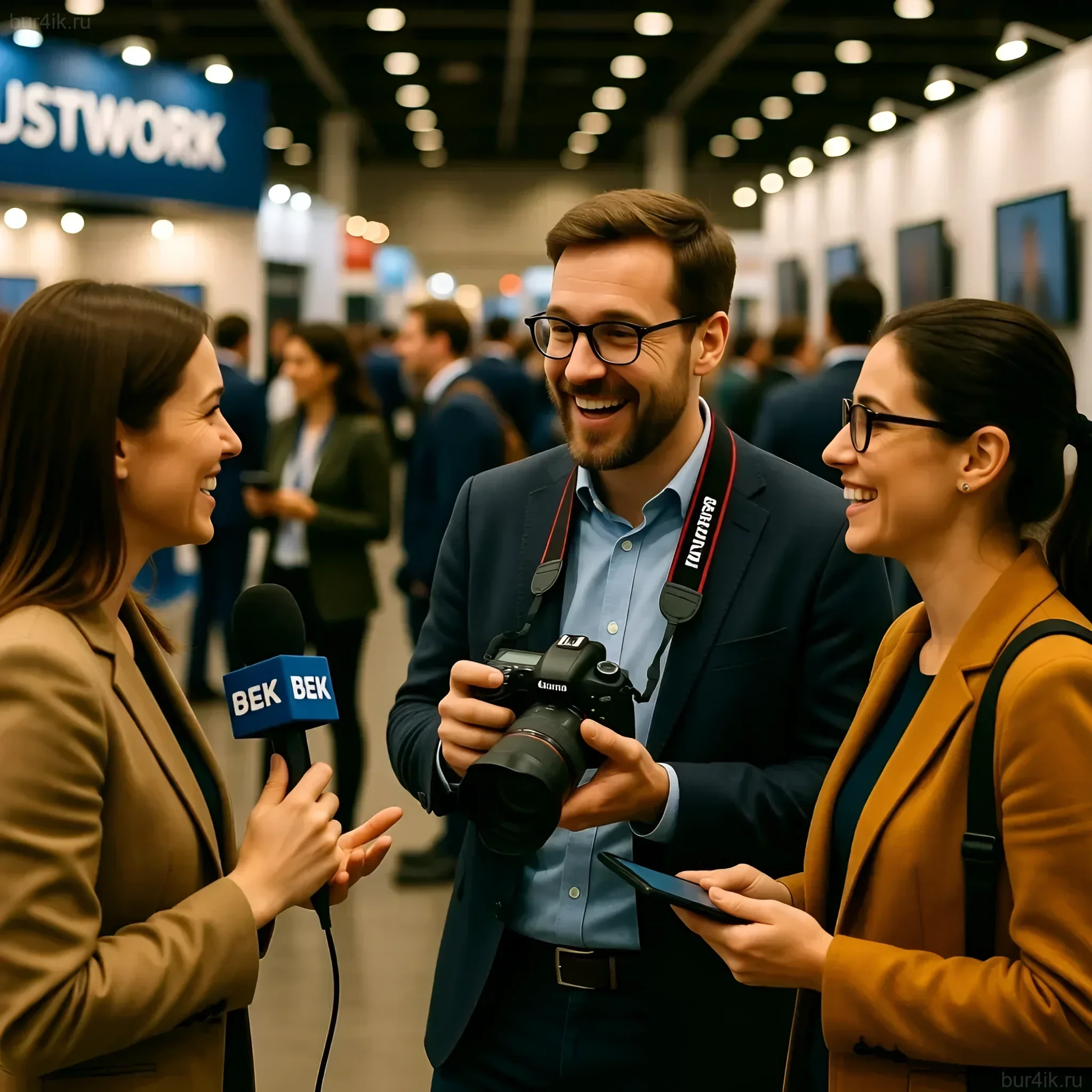 Фотография демонстрирует фотографа, дающего интервью на выставке. Изображение иллюстрирует важность PR и нетворкинга для продвижения в сфере фотографии.