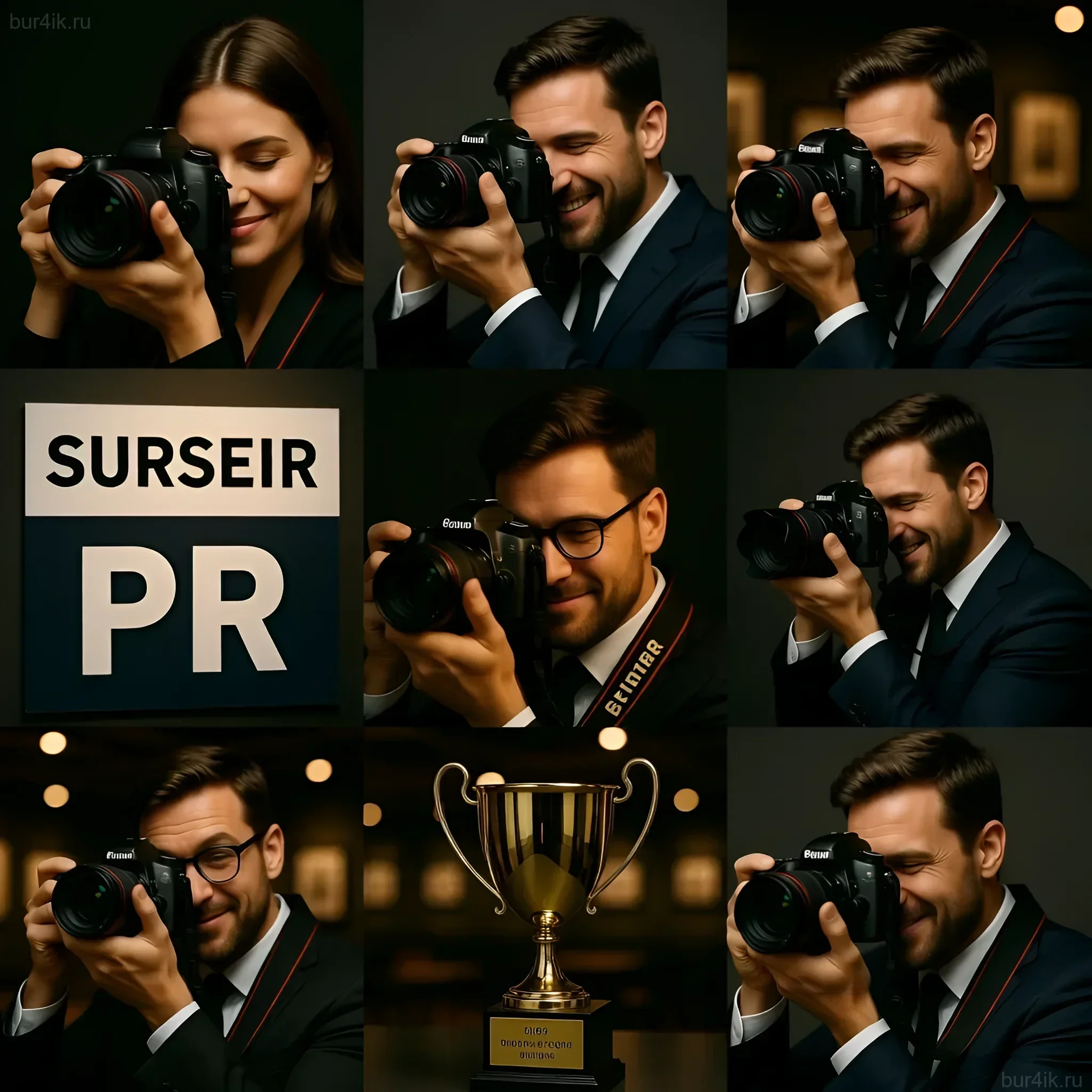 Коллаж, демонстрирующий фотографа в процессе работы и с наградой, символизирующий успех PR-стратегии в продвижении его таланта.