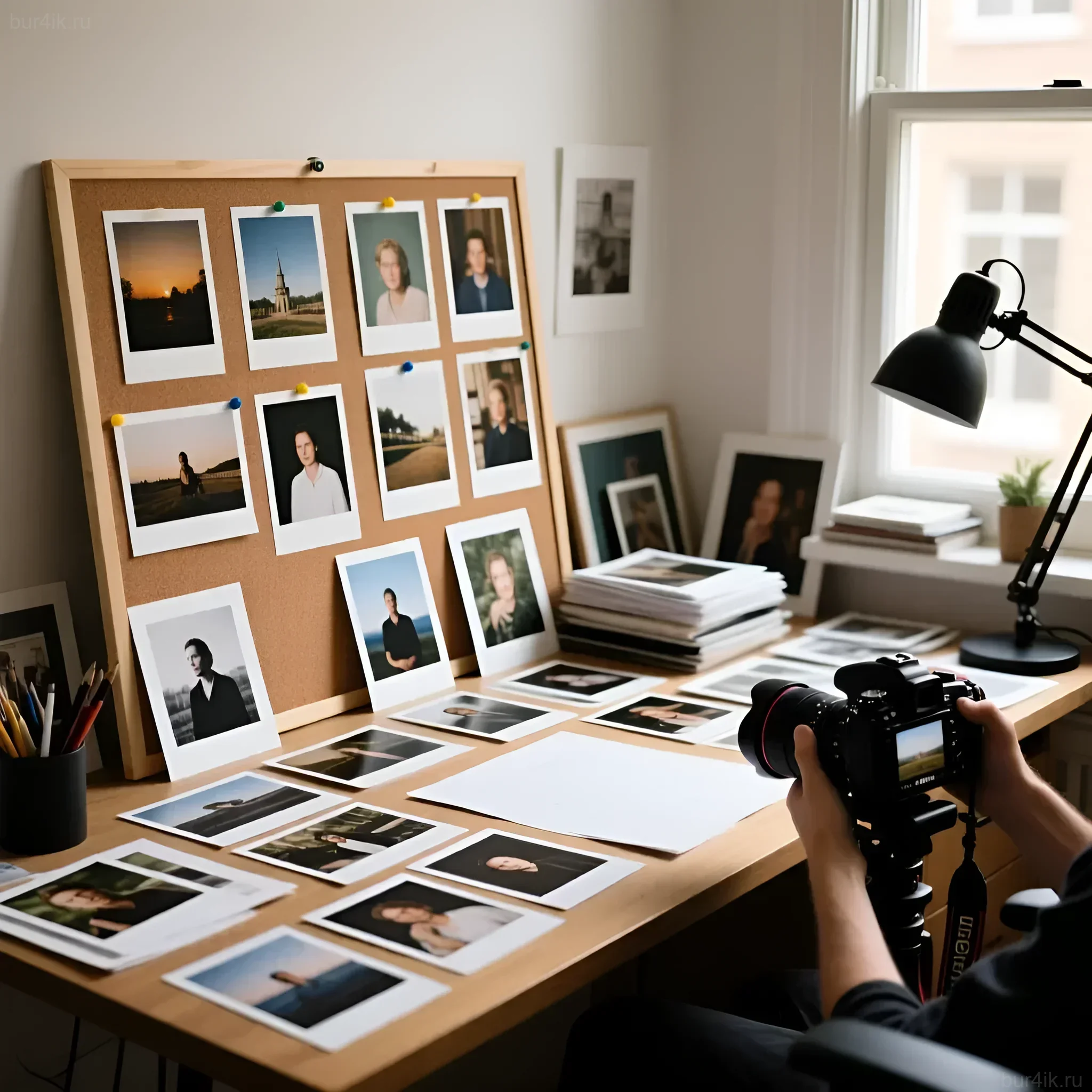 Фотография рабочего места фотографа, занимающегося отбором и компоновкой фотографий для будущей фотокниги. Иллюстрация этапа подготовки к публикации.