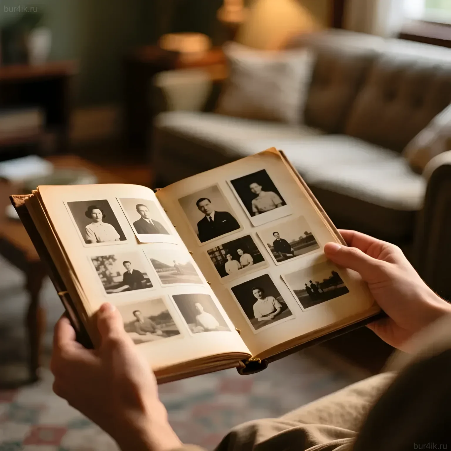 Фотография старинного фотоальбома с черно-белыми портретами. Иллюстрация к статье о создании фотокниг, подчеркивающая ценность печатных воспоминаний.