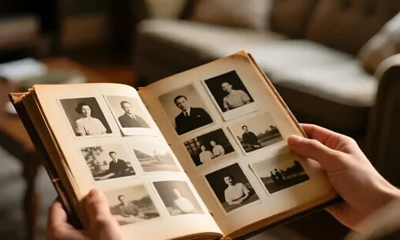 Фотография старинного фотоальбома с черно-белыми портретами. Иллюстрация к статье о создании фотокниг, подчеркивающая ценность печатных воспоминаний.