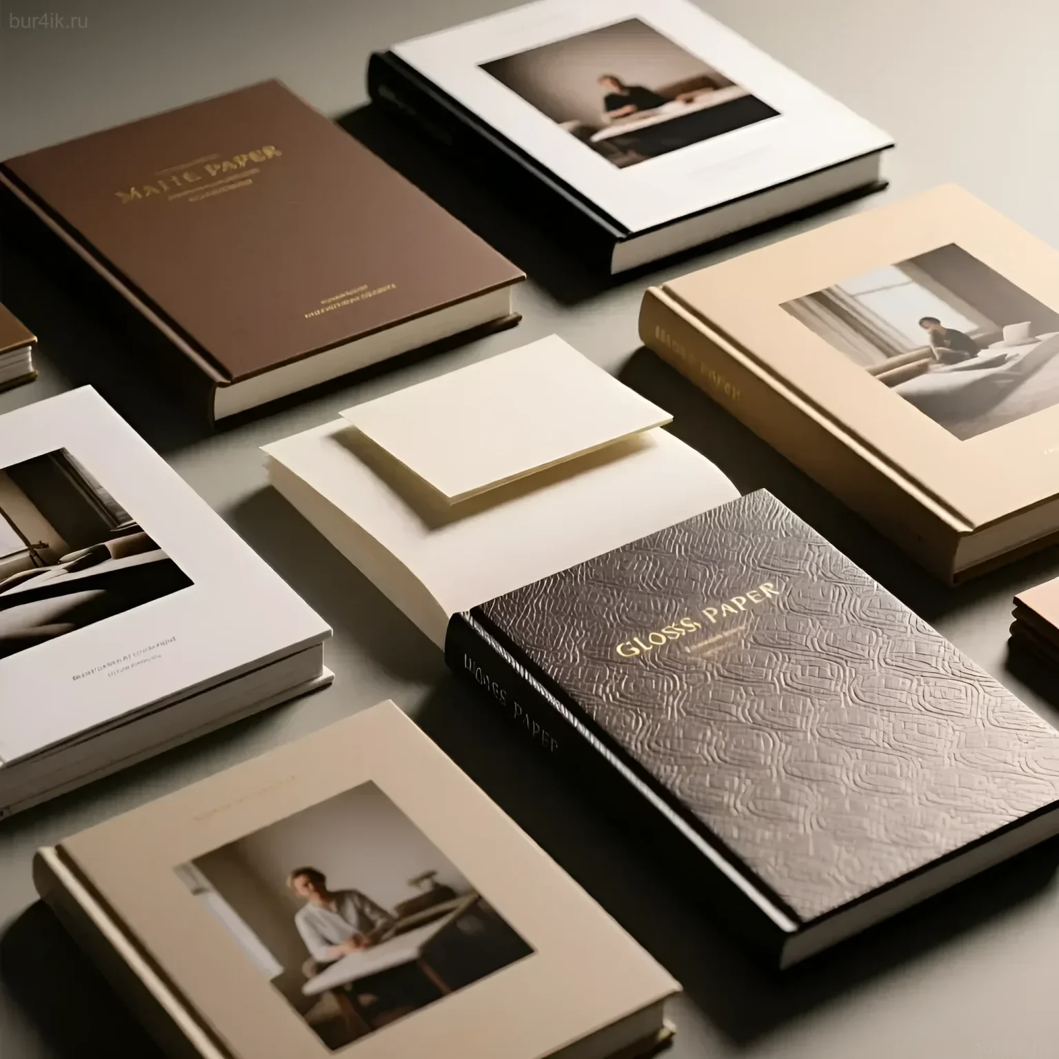 Изображение демонстрирует разнообразие вариантов бумаги и обложек для фотокниг: матовая, глянцевая, с тиснением, с различными цветами и текстурами.
