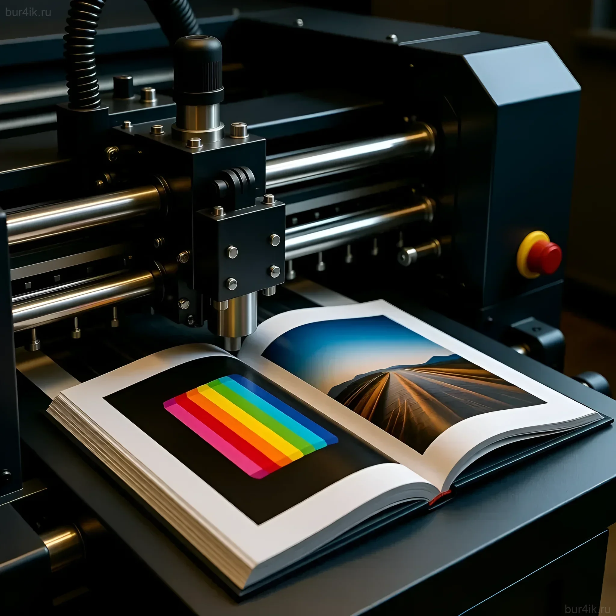 Изображение процесса печати фото-книги на профессиональном оборудовании. Иллюстрация для статьи о издании фотокниг.