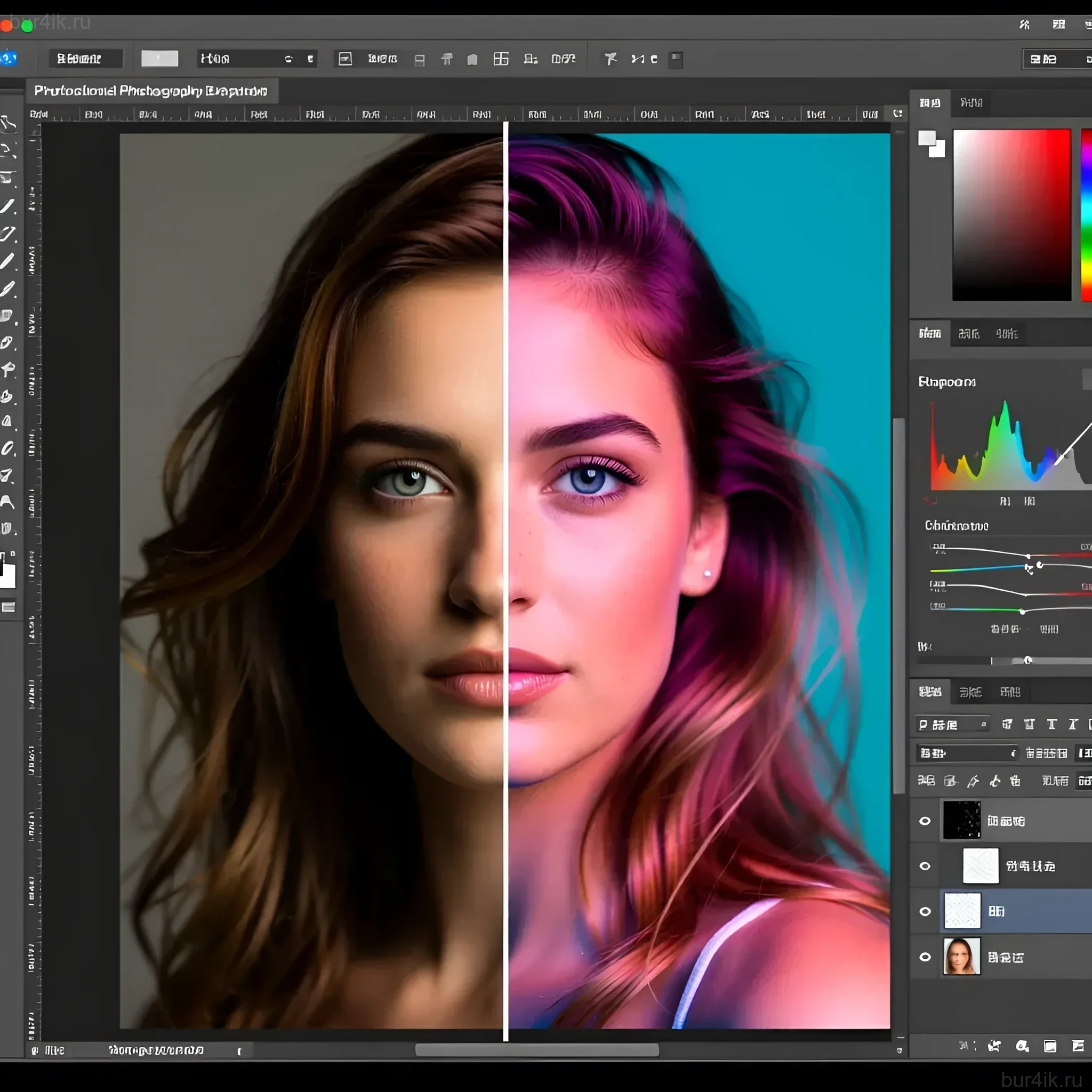 Иллюстрация этапа цветокоррекции портрета в Photoshop. Демонстрация разделения изображения на тональную и цветовую составляющие для точной настройки.