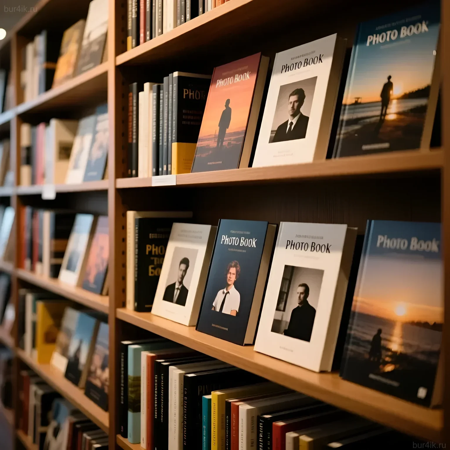 Изображение демонстрирует полки книжного магазина, заполненные фото-книгами. Вдохновляющий пример для фотографов, планирующих издание своей работы.
